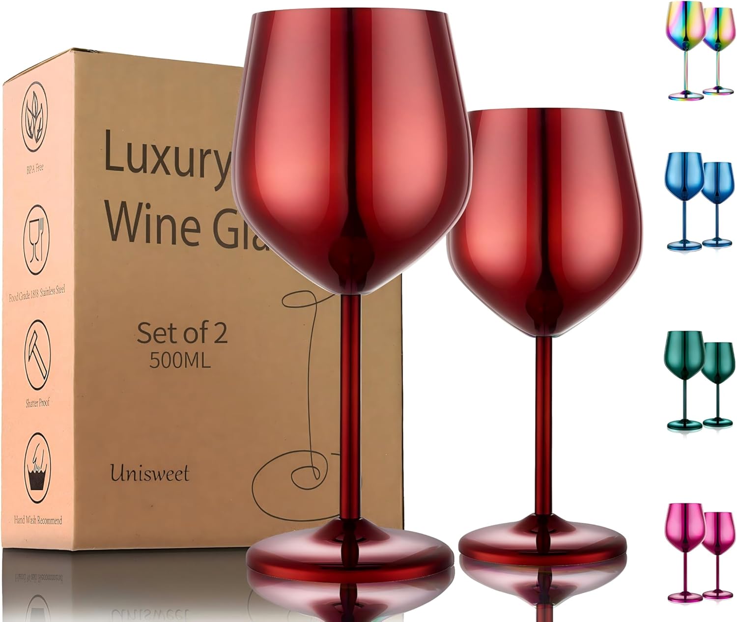 UNISWEET Stainless Steel Wine Glasses Set of 2, 18 oz Unbreakable Red Wine Glass Unique Metal Wine Goblets for Outdoor Capming and Pool Gift for Wine Lovers