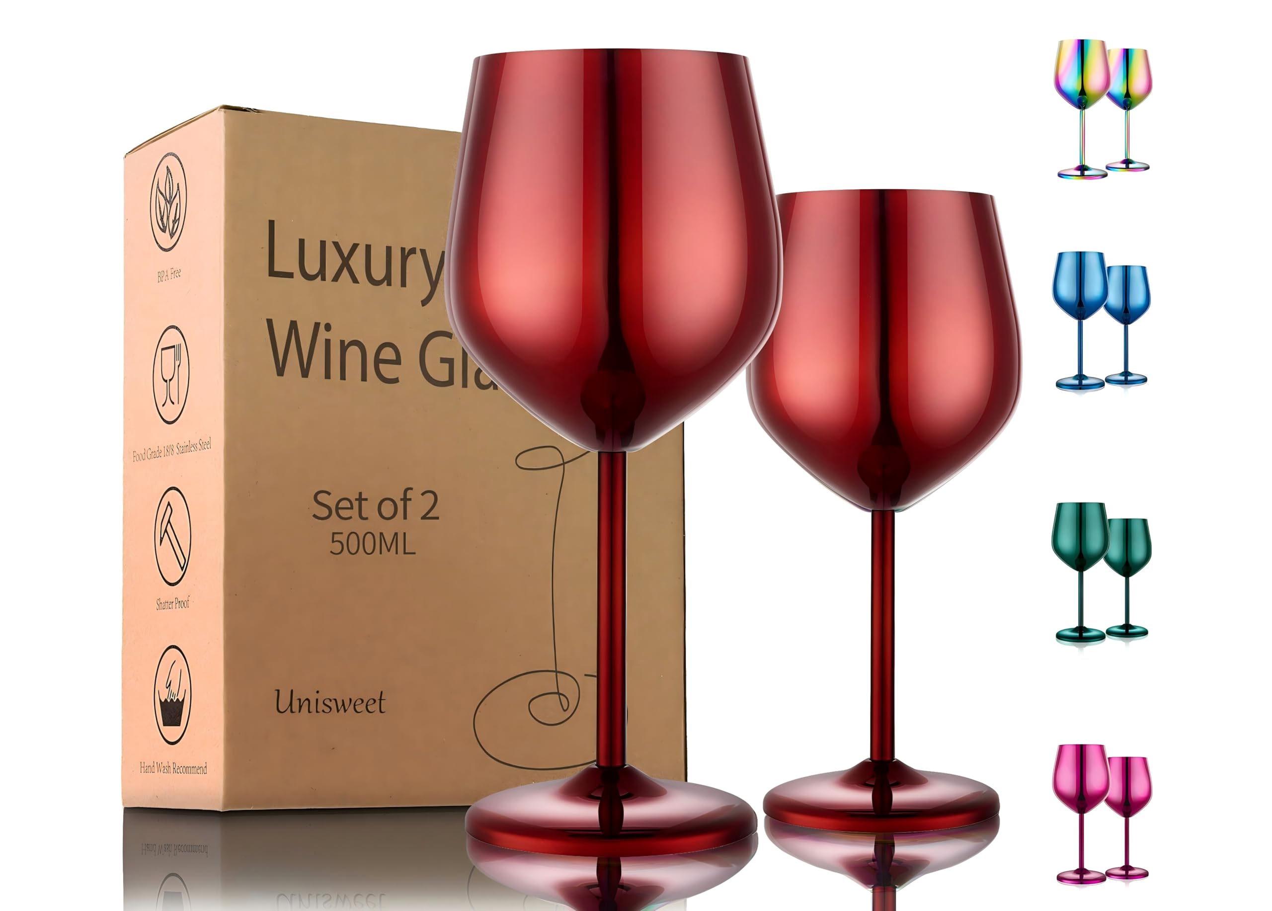 UNISWEET Stainless Steel Wine Glasses Set of 2, 18 oz Unbreakable Red Wine Glass Unique Metal Wine Goblets for Outdoor Capming and Pool Gift for Wine