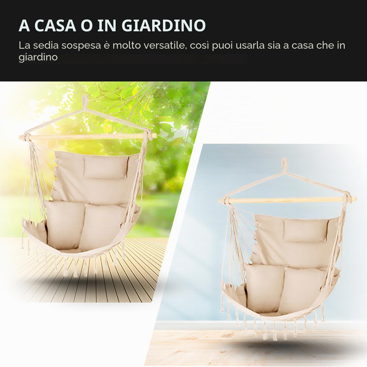 Poltrona Sospesa da Giardino - Sedia a Dondolo Sospesa - Capacità 150 kg - Sospesa con 3 Cuscini - Sedia Amaca - Tasca laterale - Esterno e Interno