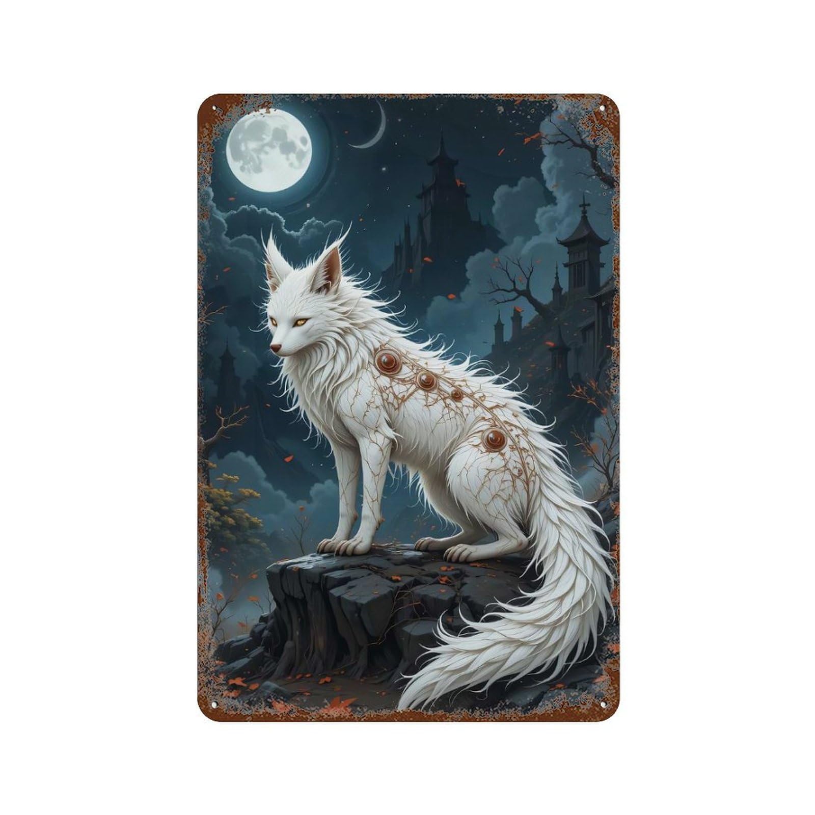 Garage Style Art Fox with Mystical Markings Vintage Metal Tin Sign 11.8"x7.9", Industrial Home Decor for Bar And Workshop