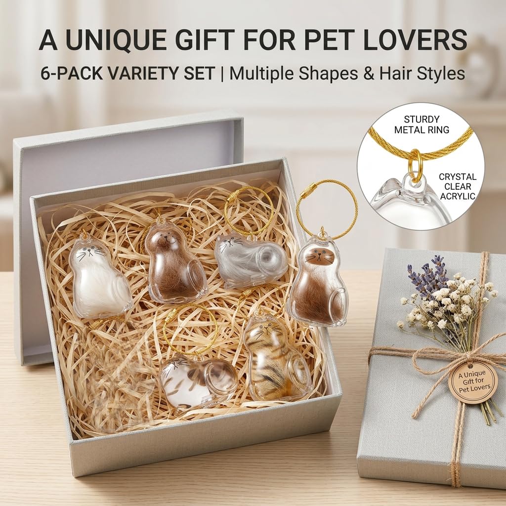 Lot de 6 porte-clés en poils de chat, pendentif DIY en poils de chat, boîte de rangement transparente pour poils de chat, cadeau commémoratif créatif pour les amoureux des animaux