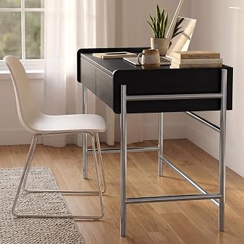 Miuuod Black Wood Grain Computer Desk with Metal Frame Legs, 2 Drawers Writing Table, Raised Edge Home Office Desk, Study Workstation for Bedroom Small Space, 35.43 Laptop Desk Storage Organizer