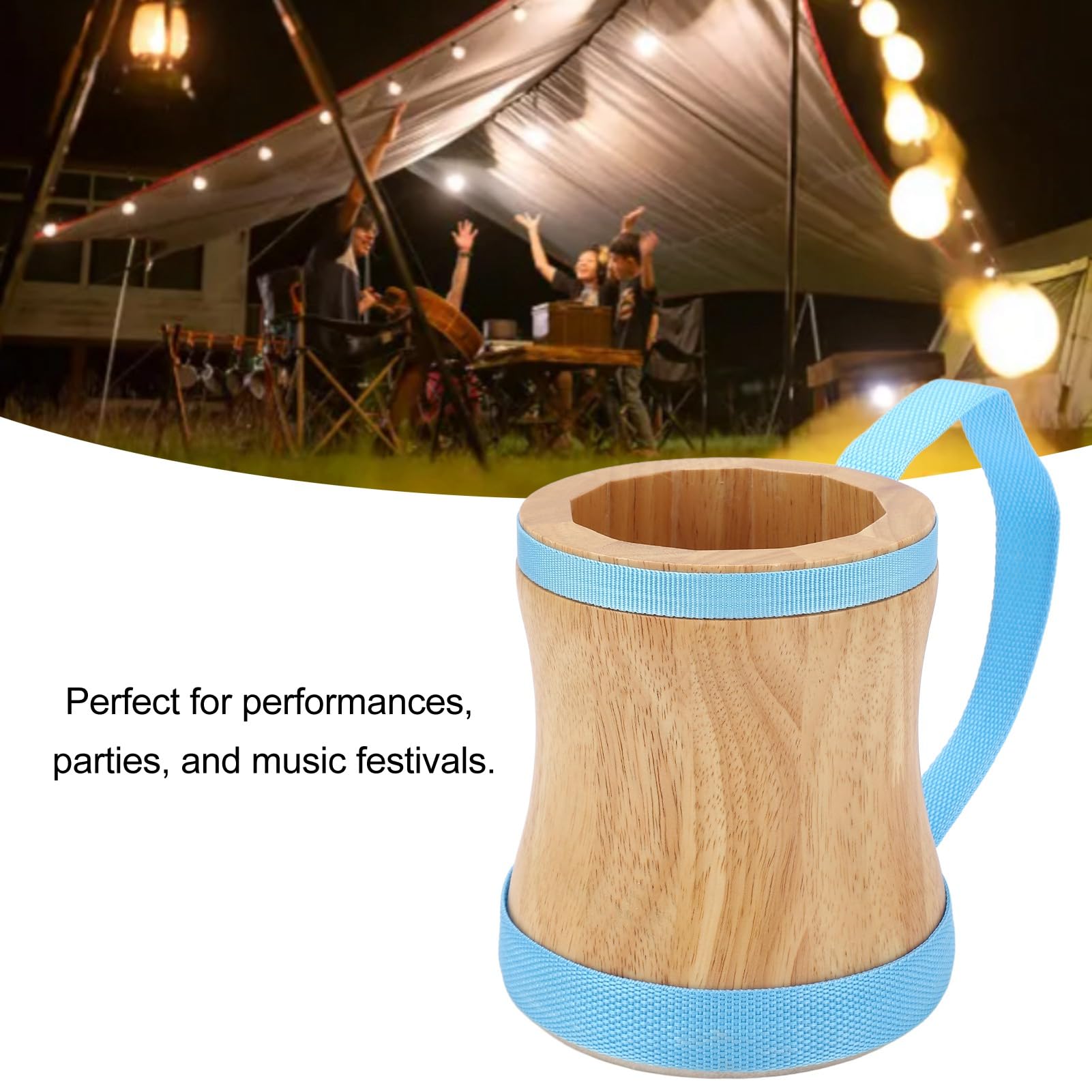 Tambour Bongo à main, instrument de percussion musical en peau de mouton avec sangle de transport et bâton (bleu)