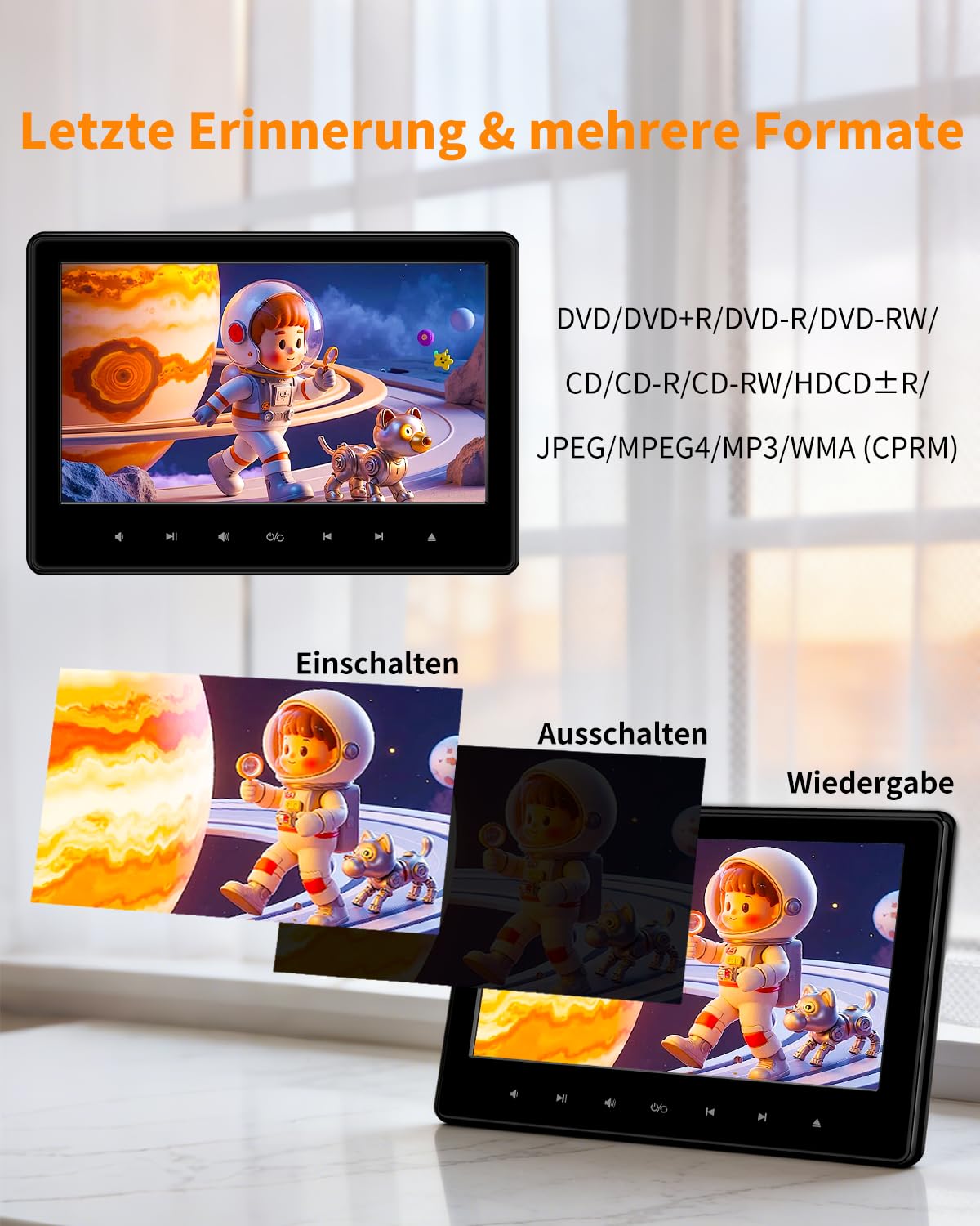 10,1" DVD Player Auto mit HDMI-Eingang, Tragbarer Auto DVD-Player mit Kopfstützenhalterung, Disc-Eingang mit Saugnapf, Unterstützt Letzter Speicher, USB/TF-Karte