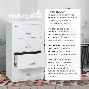 FireKing Fireproof Lateral File Cabinet (4 Drawers, Impact Resistant, Water Resistant), 31 x 22 D, Arctic White, Made in USA