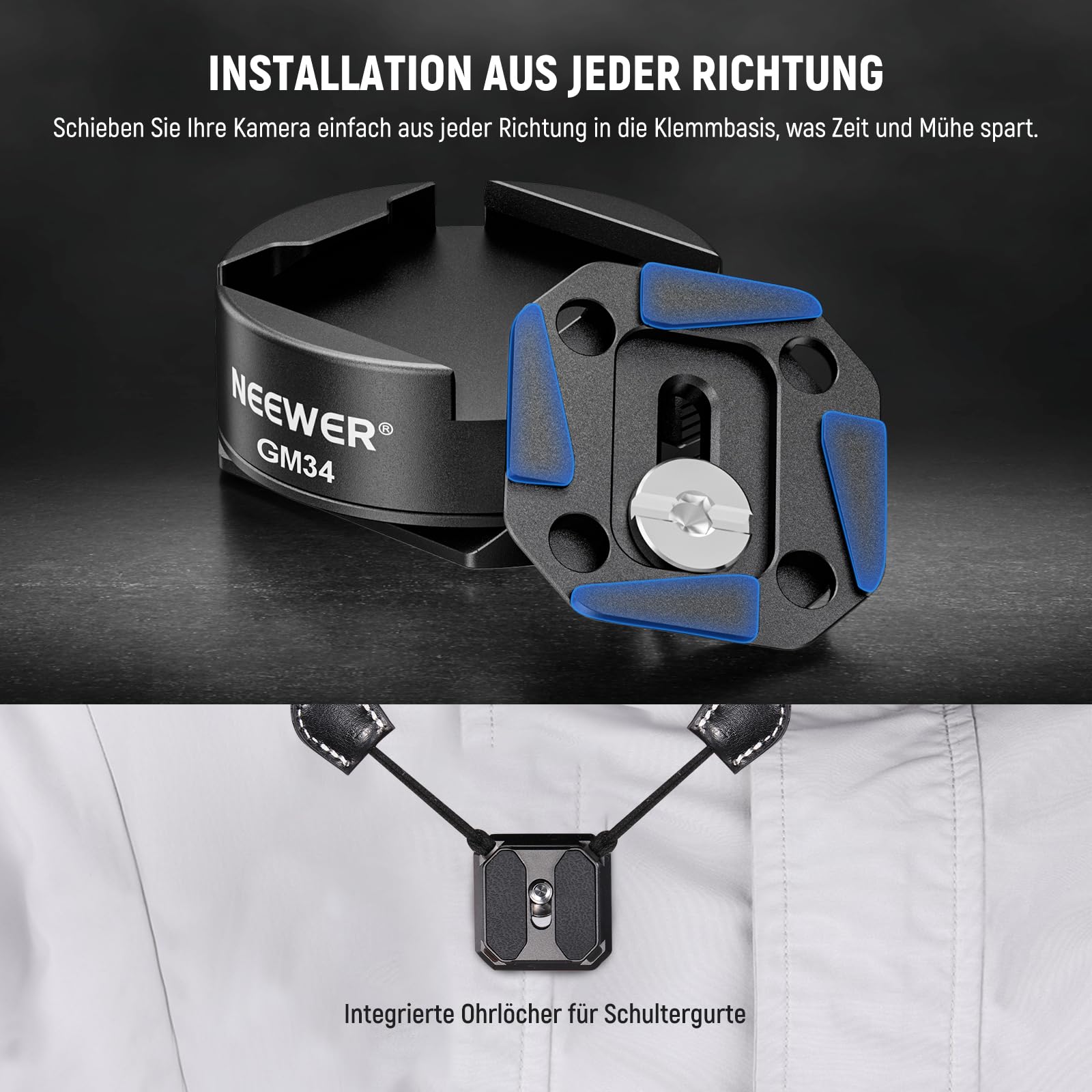 NEEWER GM34 Kamera Schnellwechselplatten Set, Schnellwechsel Automatikverriegelung, quadratische QR Montageplatte mit Arca Klemme, kompatibel mit Arca Swiss, Kameraklammer, maximale Belastung 11lb/5kg