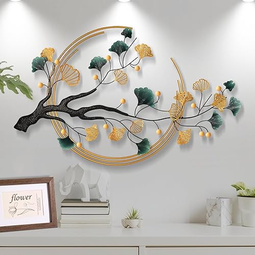 Babyieia Arte de Pared de Metal con Hoja de Ginkgo 3D Extragrande de 59", Decoración de Arte de Pared Dorado para Sala de Estar, Decoraciones de