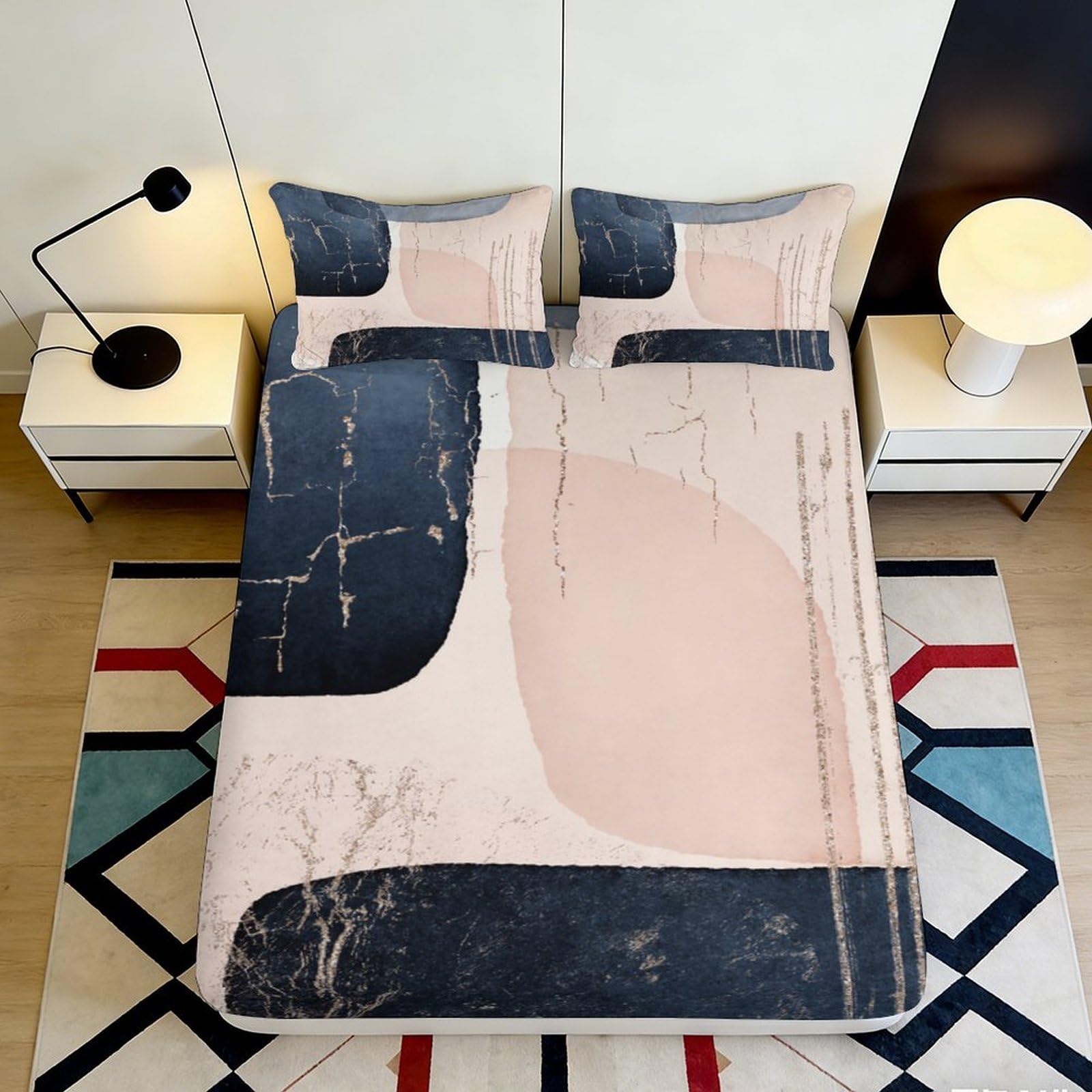 3D Printed Abstract Geometric Fitted Sheet Microfiber Soft Washable Modern Minimalist Bed Cover for Bedroom Guest Room Decor 90x200x25cm