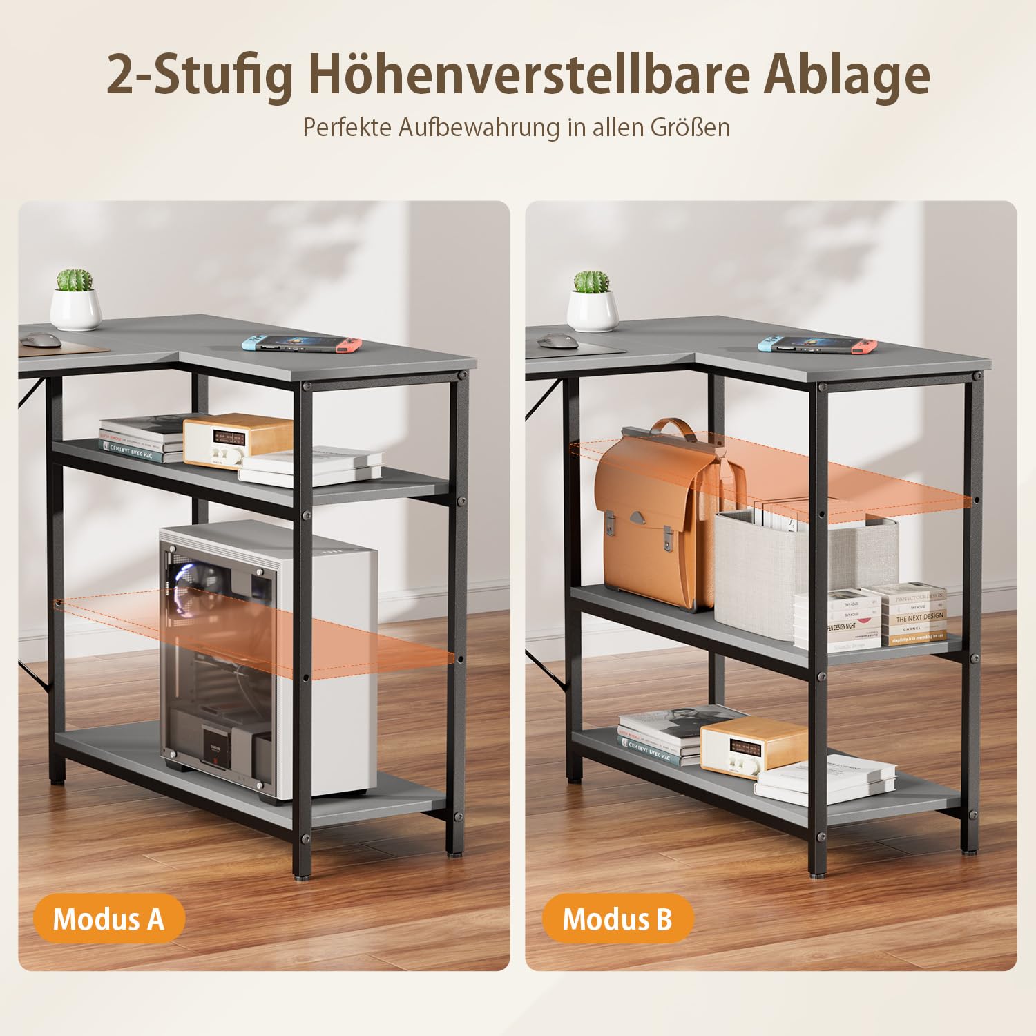 HLONONE Eckschreibtisch mit 3 Schubladen, 140 x 78 cm, Grau | Schreibtisch L Form mit Stauraum, Monitorständer und Seitentaschen, Computertisch mit Regal für Büro, Homeoffice