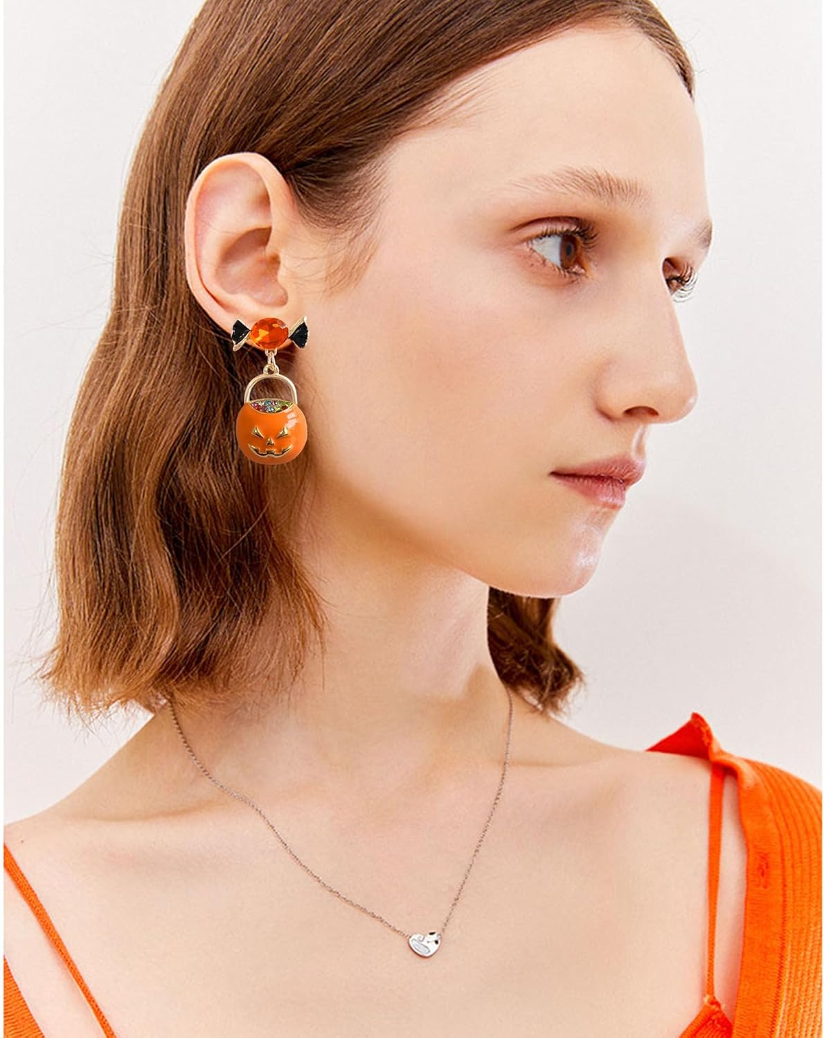 Cute Creative 14k Gold Orange Enamel Pumpkin Dangle Drop Earrings Sparkly Crystal Alloy Candy Stud Earring for Women - Image 2