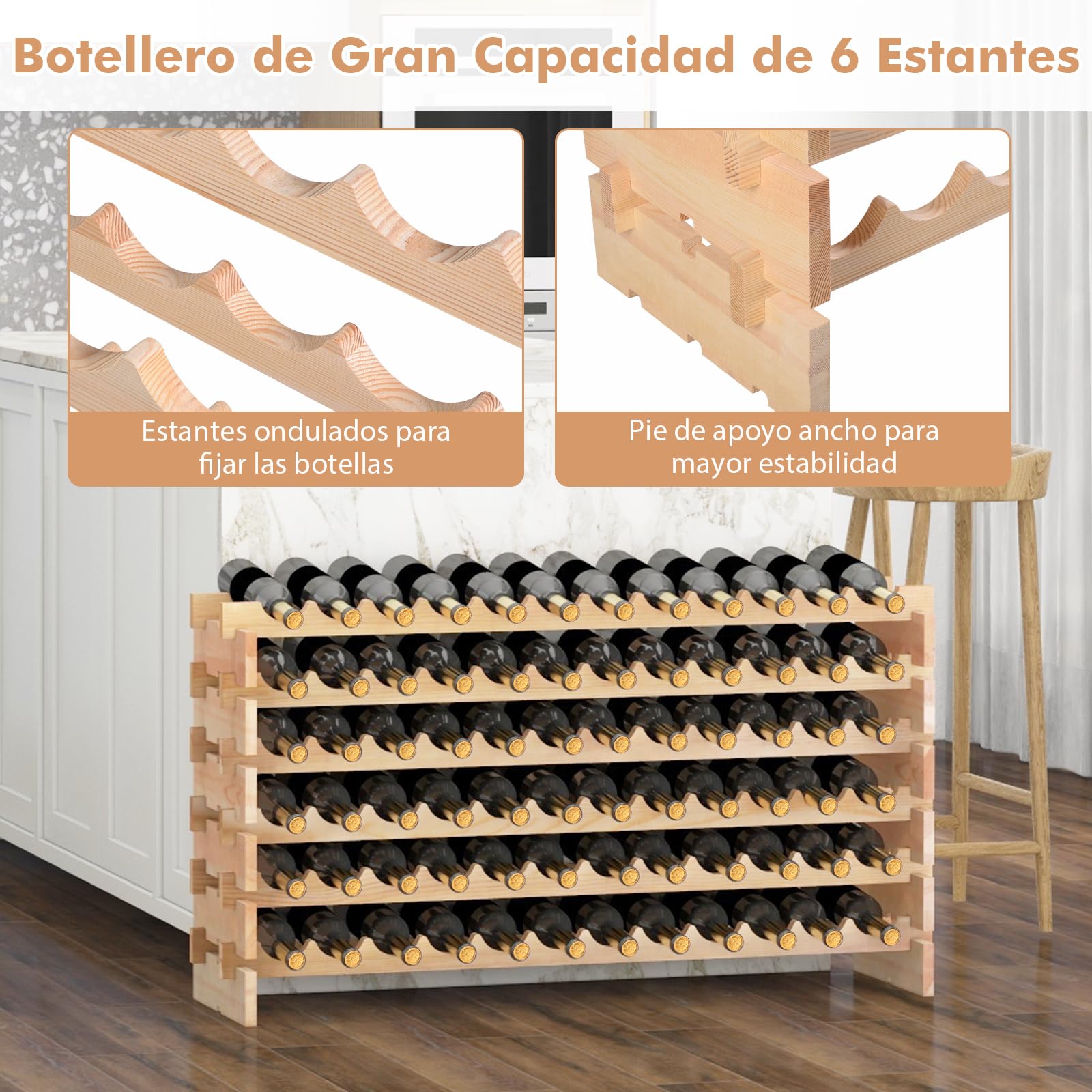 GOPLUS Botellero Vino de Pino para 72 Botellas, Botellero Apilable de Madera con 6 Niveles, Estantería de Vino, para Cocina Hogar Bar, Gran Espacio (72)