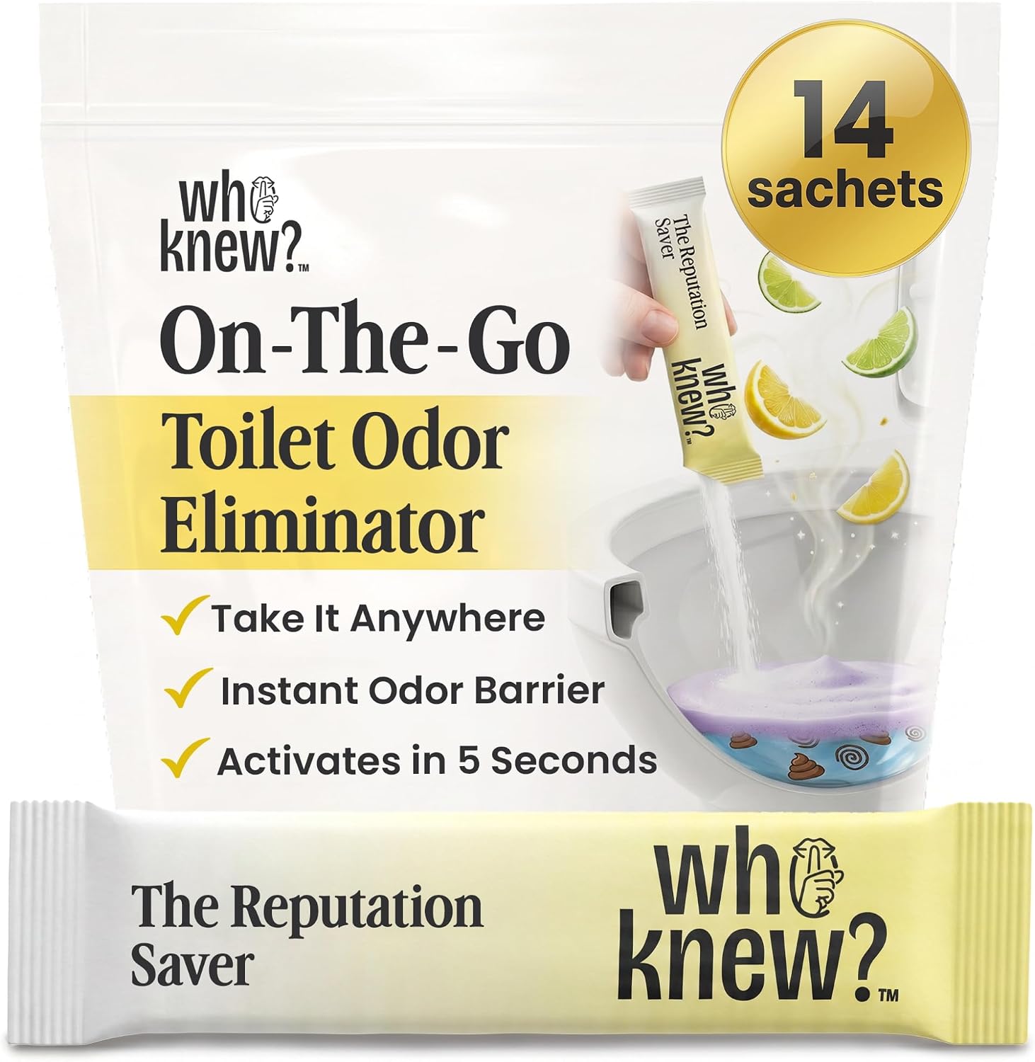 Who Knew Pre Poo Toilet Foam Powder - 14 Citrus Sachets Mute Smell & Sound