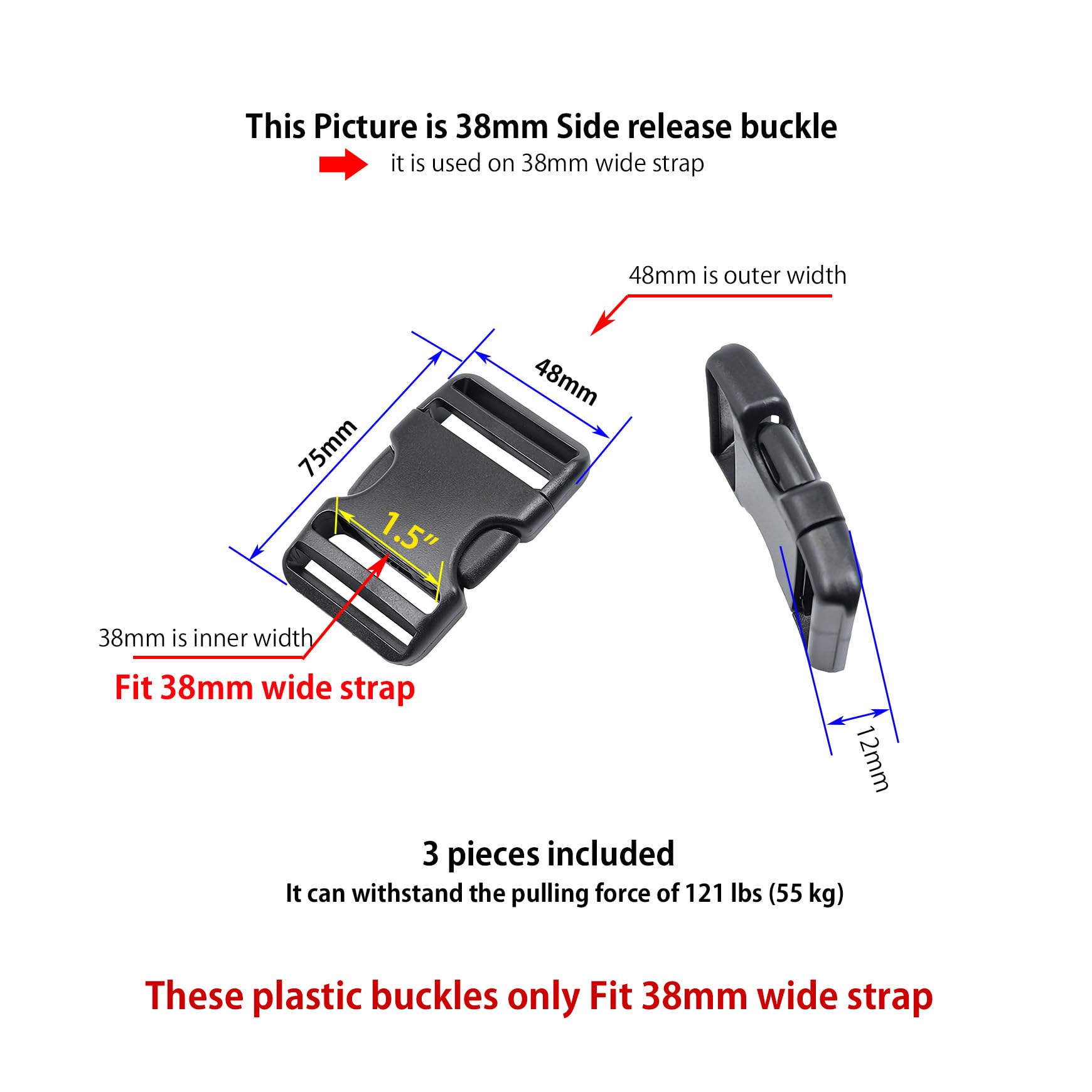 Ahijklmn Plastic Buckles,Plastic Side Release Buckle clips + Tri Glide Slides Heavy Duty Replacement Buckle Clips Snap Sliders for Backpack (38mm - Image 3