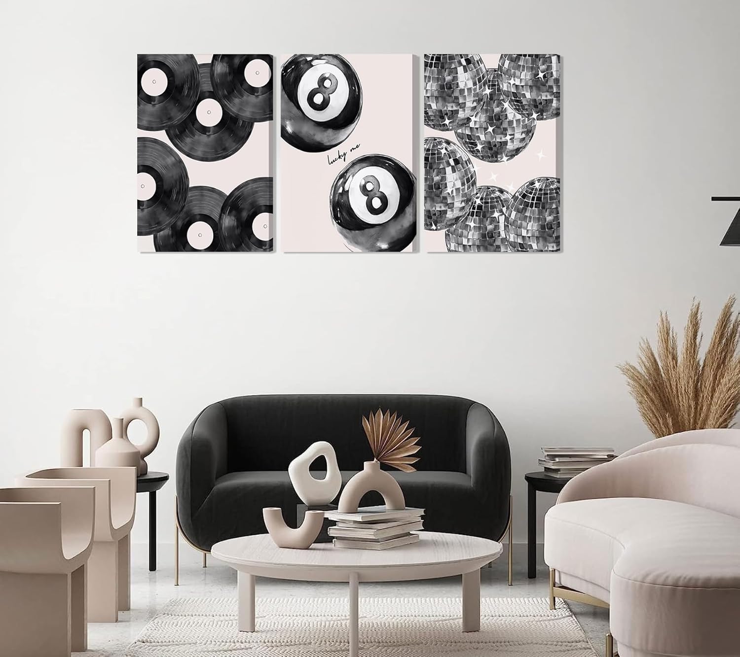 3Pcs Trendy Black White Canvas Wall Art Lucky 8 Ball Wall Decor Pictures Disco Ball Poster Prints Record Painting Artwork for Dormitory Bedroom Living room Preppy Decoration 16x24in With frame