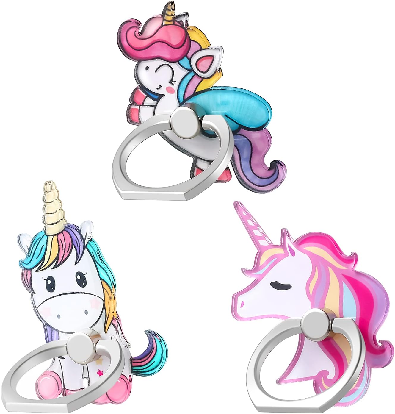 Bonoma 3 Pack Cell Phone Ring Holder, 360° Rotation Universal Stylish Finger Kickstand with Metal Phone Ring Grip for Smartphone (Unicorn)