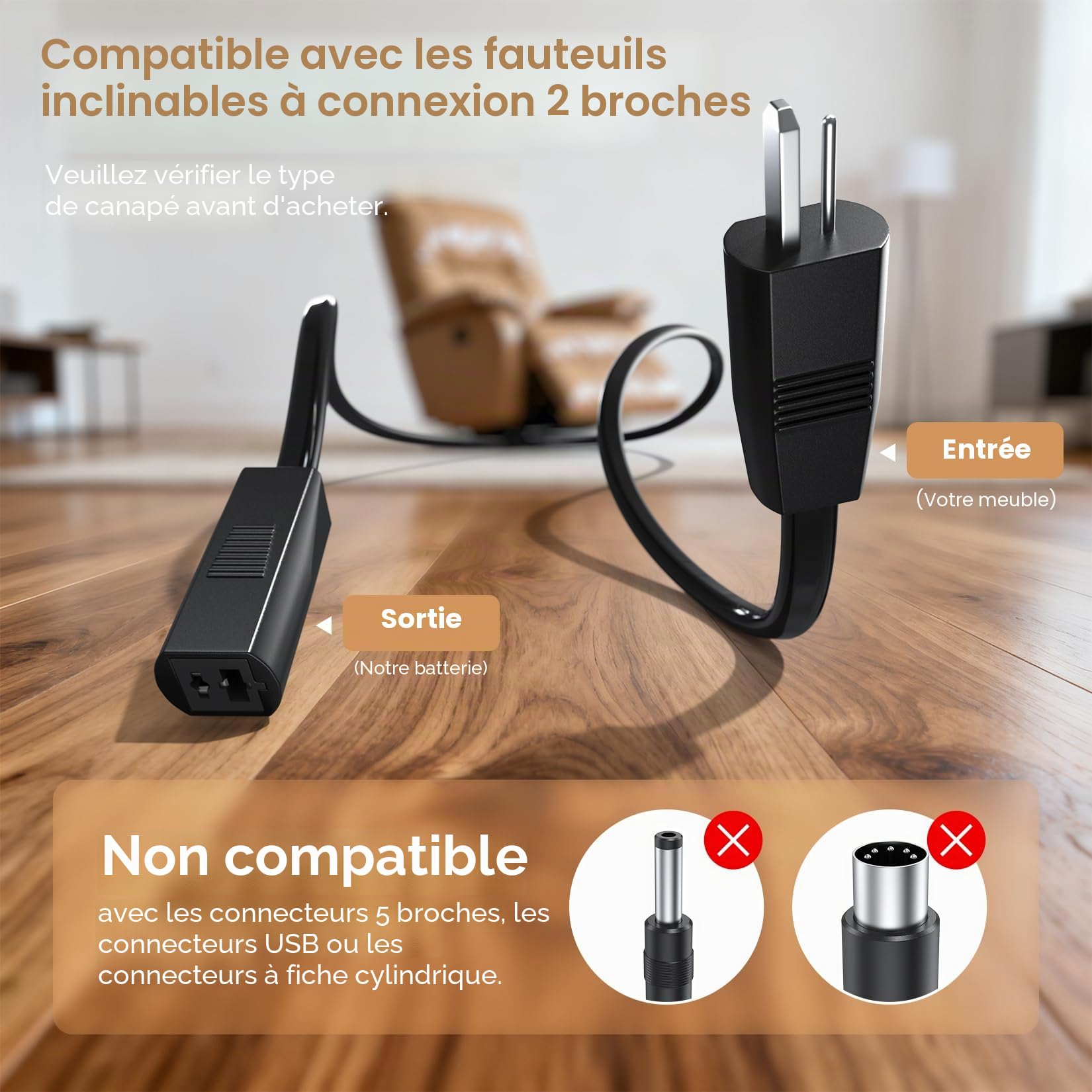 Batterie pour Meubles 2500 mAh, Chargeur Universel pour chaises Longues électriques et canapés, connecteur 2 Broches