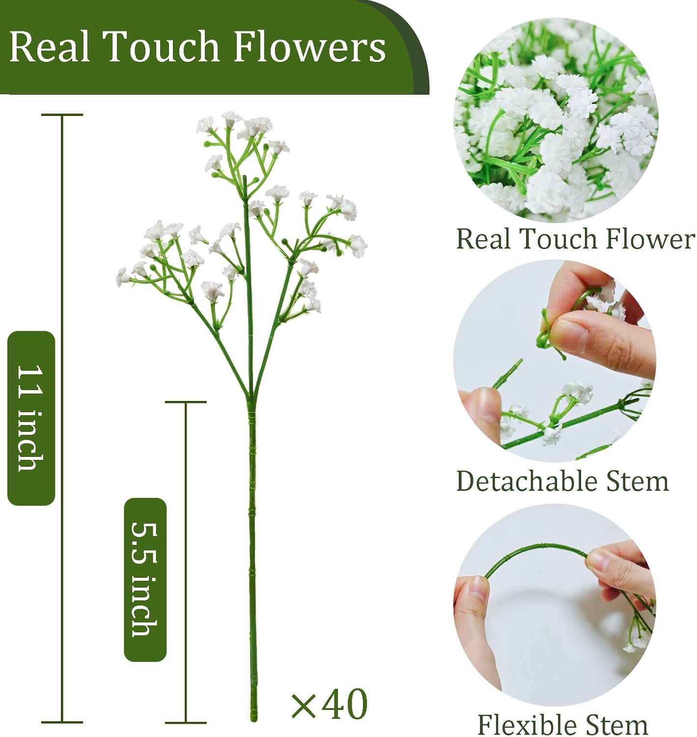 40 Pcs Real Touch Babys Breath Artificial Flowers, White Fake Flowers Baby Breath Flowers Artificial Bulk with Stems Decorations for Vase Wedding Party Garden Home Decor Centerpiece Arrangements