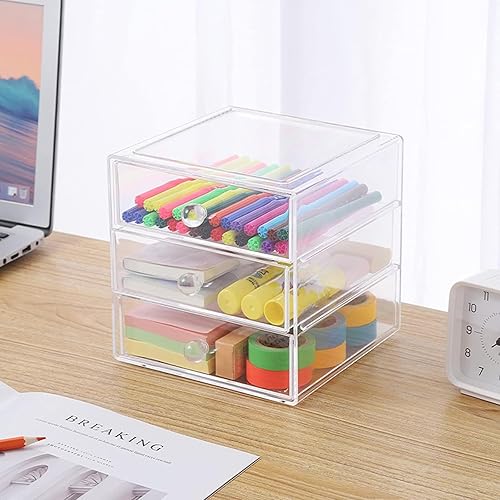 Miniatura 6 de Caja organizadora de cajones de maquillaje con 3 cajones, vitrina de acrílico para cosméticos, organizador de tocador, caja de almacenamiento
