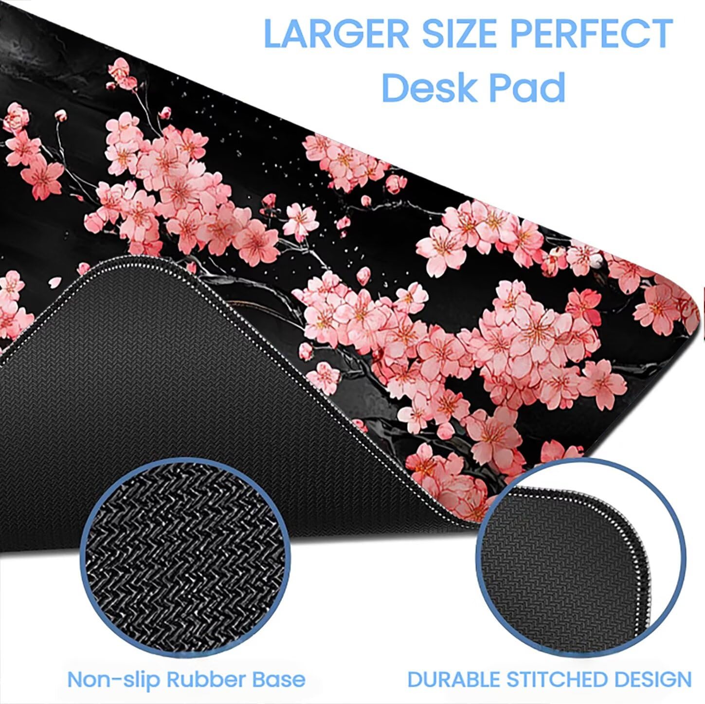 Lpfieonn Kirschblüten Großes Schreibtischunterlage, XXL Schreibtischunterlagen, Schwarz XXL Wasserdicht Gaming Mousepad mit Vernähter Rand und Rutschfeste Gummibasis, für Hause/Büro 120x60cm PF-1769