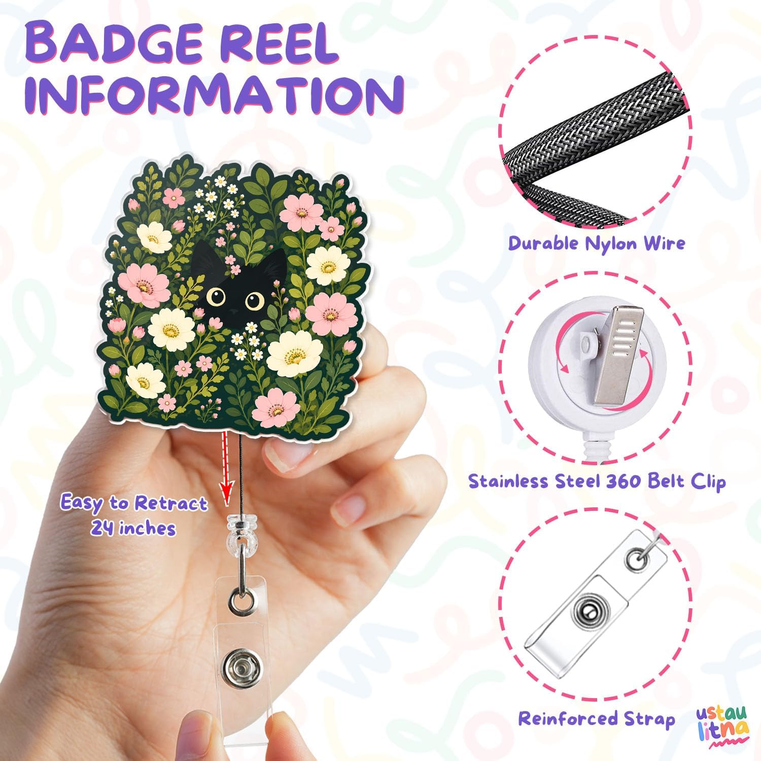 Black Cat Badge Reel - Funny Cute Black Cat Floral Flower RN Nurses Nursing ID Badge Holder with Retractable Alligator Clip for Student Medical Assistant Co-Worker Doctor Accessories Gifts 2 Inches image 2