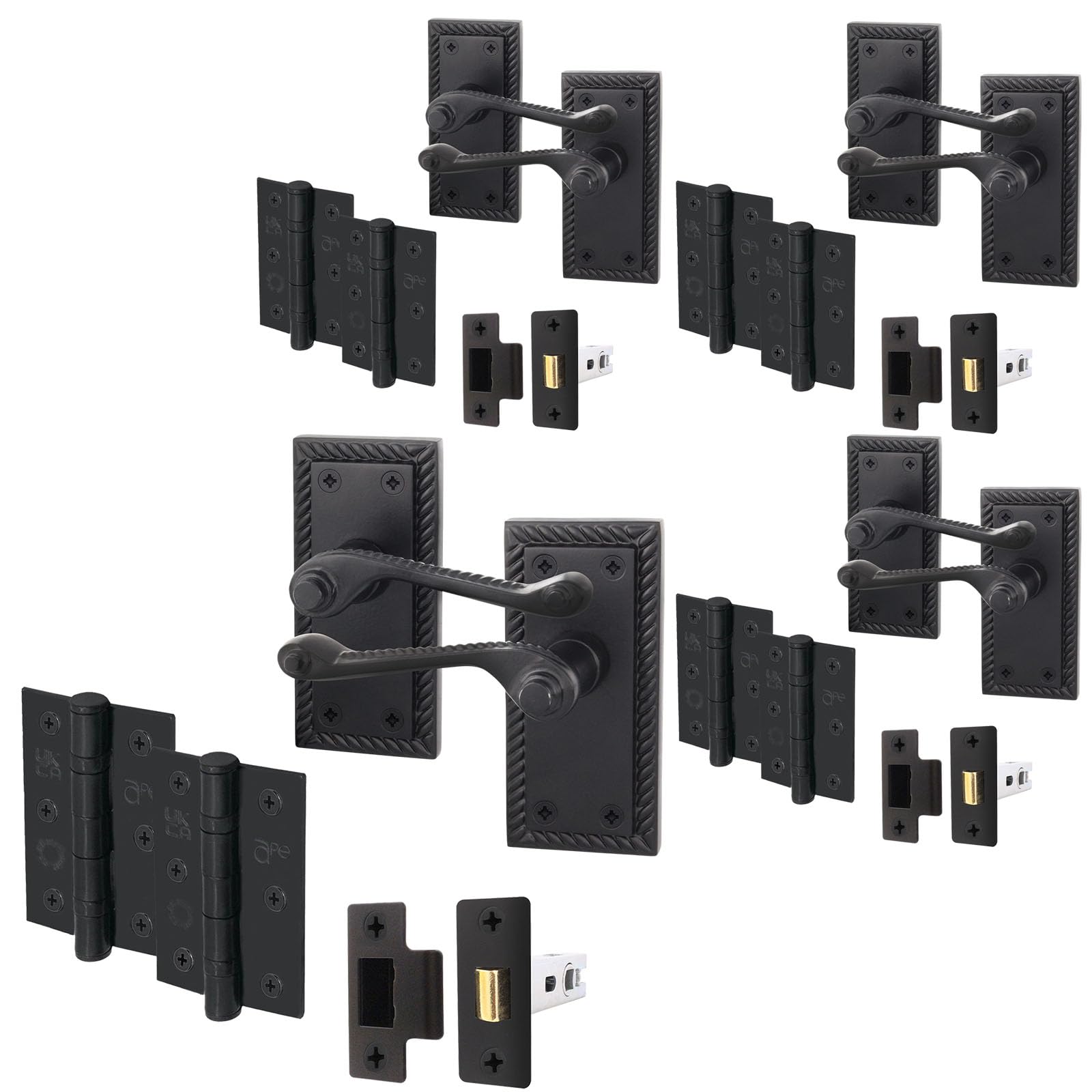 Eai Matt Black Georgian Scroll Door Handle Latch Set - 4 Pairs Internal Handles, Hinges (76Mm) & Latch (64Mm) - Rope Design