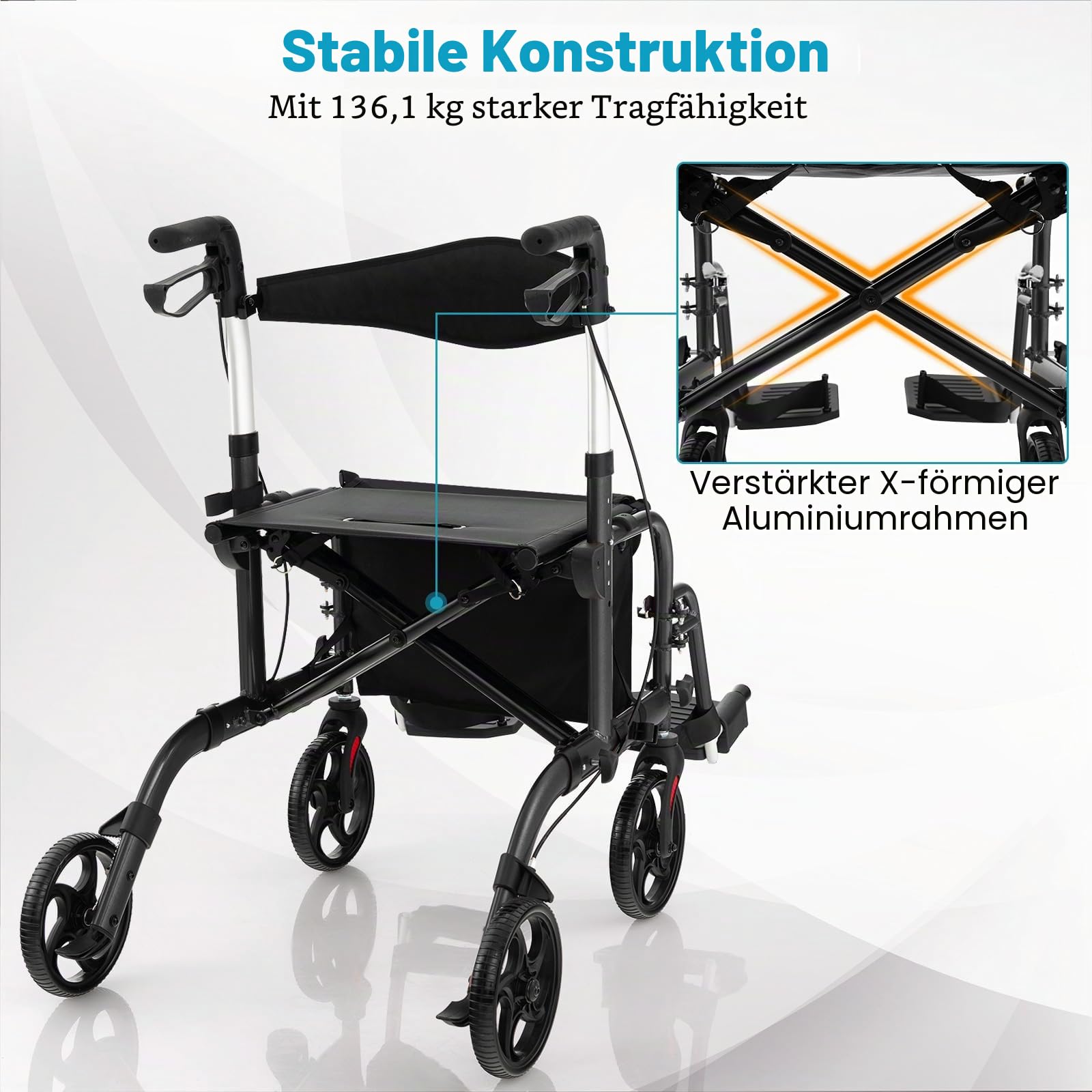 FANTASK 2 in 1 Rollator faltbar 6-fach höhenverstellbar, Gehwagen mit Rollstuhl & Reiserollator Leichtgewicht, Gehhilfe mit Tasche & Bremsen & Stockhalter, Aluminium (schwarz)