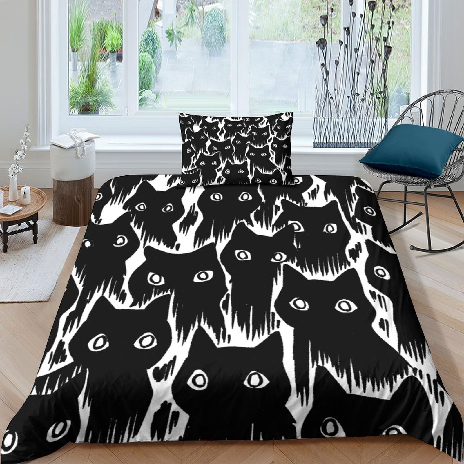Chambre décor famille avec la parure de lit chat 3D IOFEER style noir