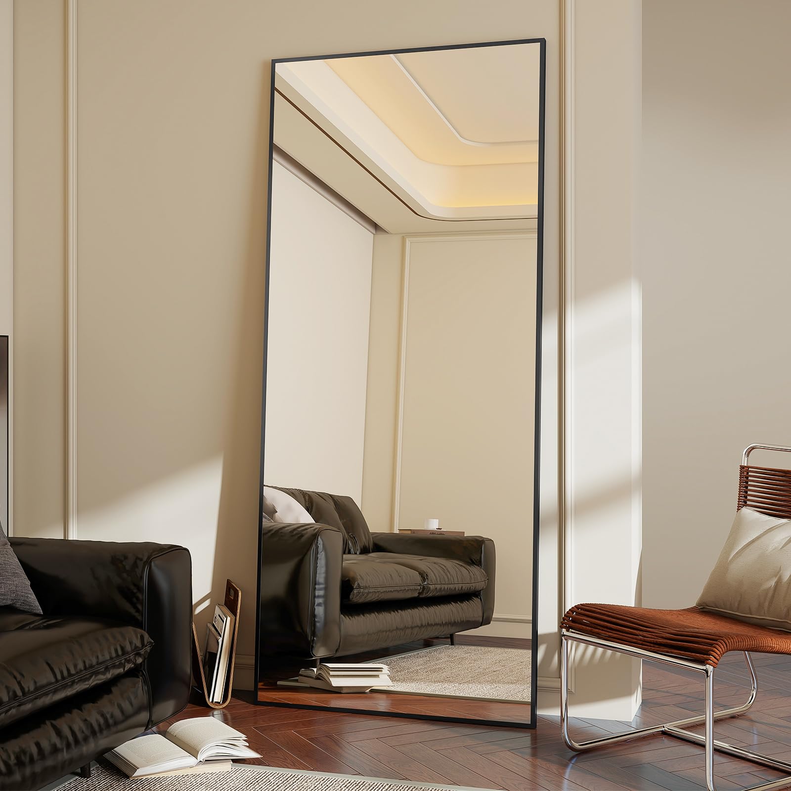 Koonmi 171 x 76 cm Standspiegel, robust Ganzkörperspiegel mit minimalistische schmaler Aluminiumrahmen, modern großer Wandspiegel stehend oder hängend für Wohnzimmer und Schlafzimmer, Schwarz