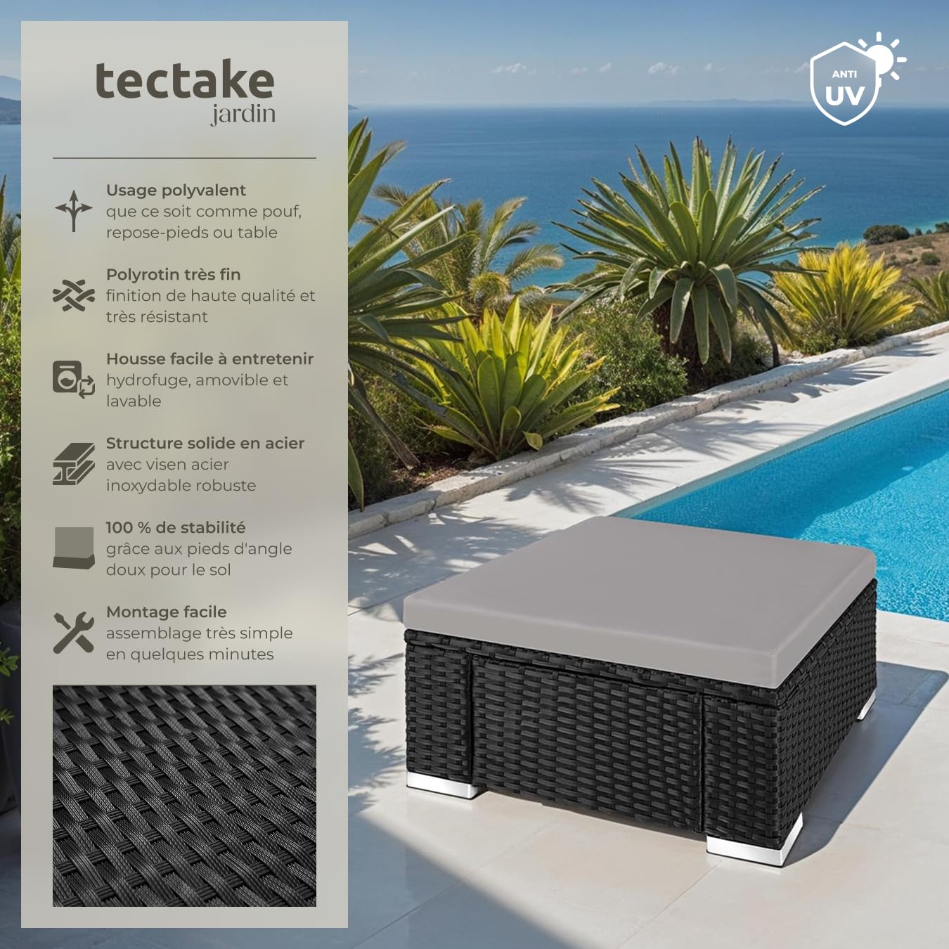 tectake® Tabouret Repose Pied Pouf Salon extérieur Table Basse pour Salon de Jardin Exterieur en Résine Tressée, Pouf avec Coussin imperméable pour Amenagement Balcon Terrasse