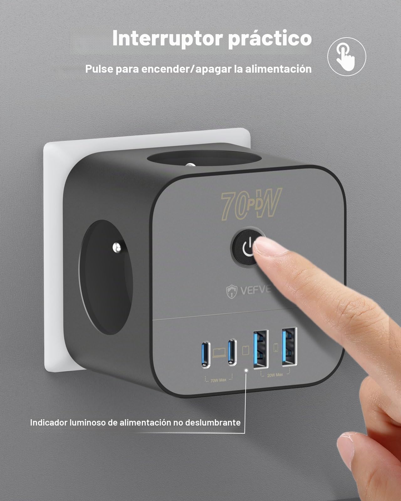 VEFVE Regleta Tipo E (Estándar Francés) 70W GAN, Cubo Enchufe Múltiple 7 en 1 Sin Cable con Interruptor, Carga Rápida para iPhone 17, MacBook, Galaxy, Negro