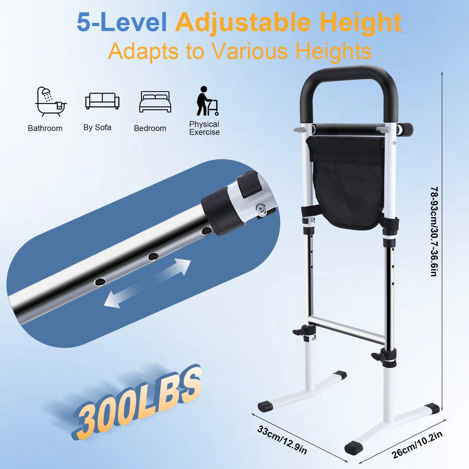Aide pour Se Lever du Lit, Barrière de Lit Adulte avec Potence Réglable, Support de Redressement pour Personnes Âgées, Utilisation à Domicile ou Maisons de Retraite, Capacité 136 kg