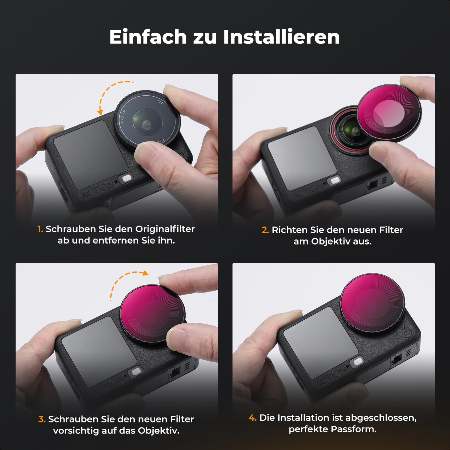 K&F CONCEPT ND&PL Filter-Set Kompatibel mit DJI Osmo Action 6, 4er-Pack Lichtreduzierende Filter zur Belichtungssteuerung aus optischem Glas mit Mehrschichtvergütung
