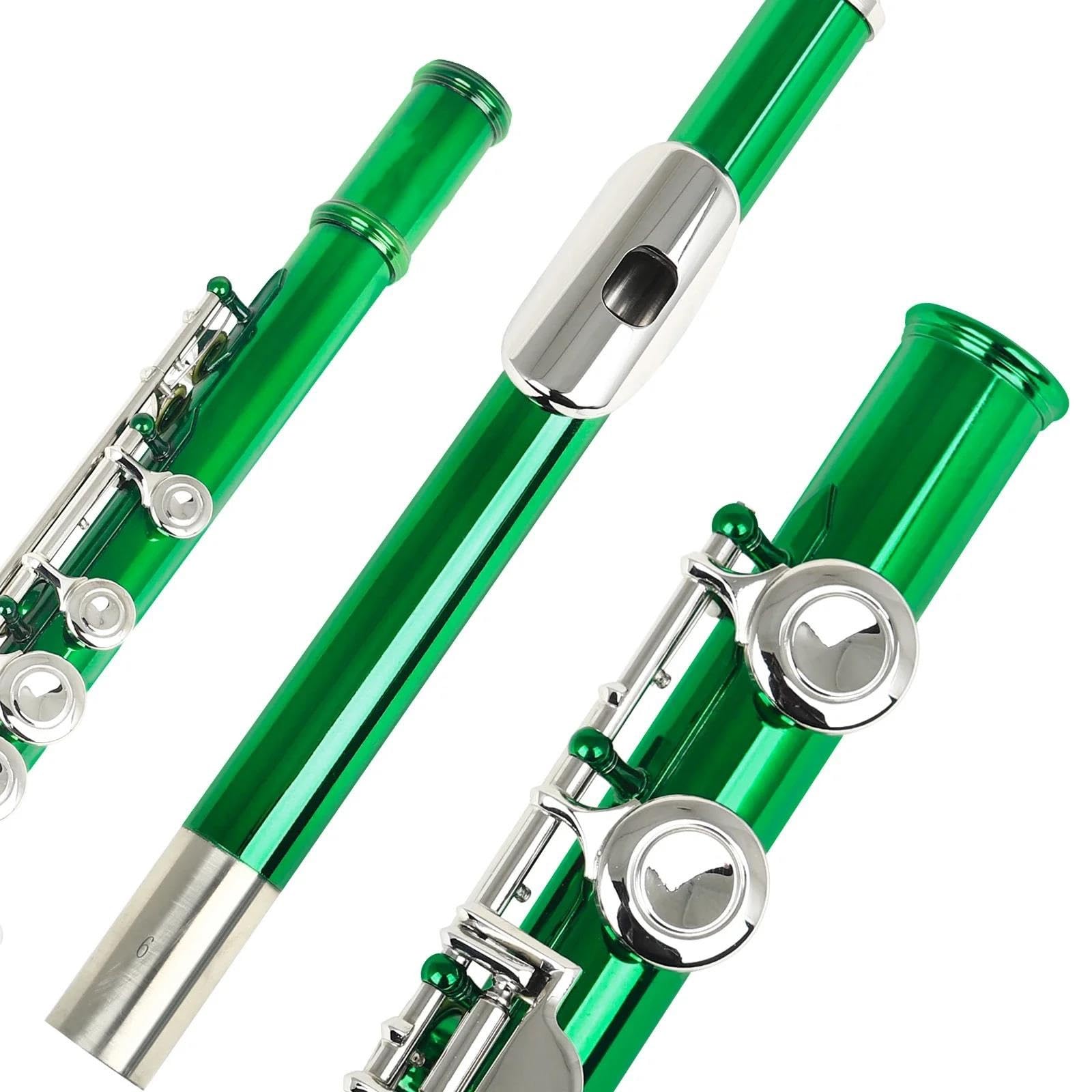 Querflöte 16 Geschlossene Löcher Flöte C-Taste Cupronickel Konzertflöte Querflöte Holzblasinstrument Mit E-Tastengehäuse Zubehör(Green)