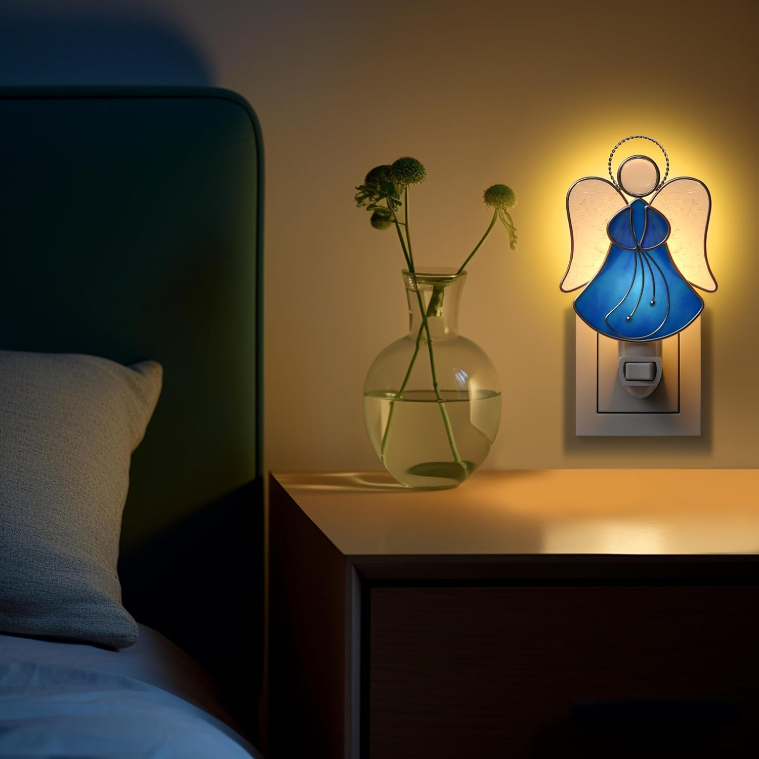 Blue Angel Night Light Plug into Wall Stained Glass Night Lights Plug in for Bedroom Hallway Kitchen Home Decorative Nightlight Gifts for Mom Mother's Day Birthday Christmas Decor(Blue Color)