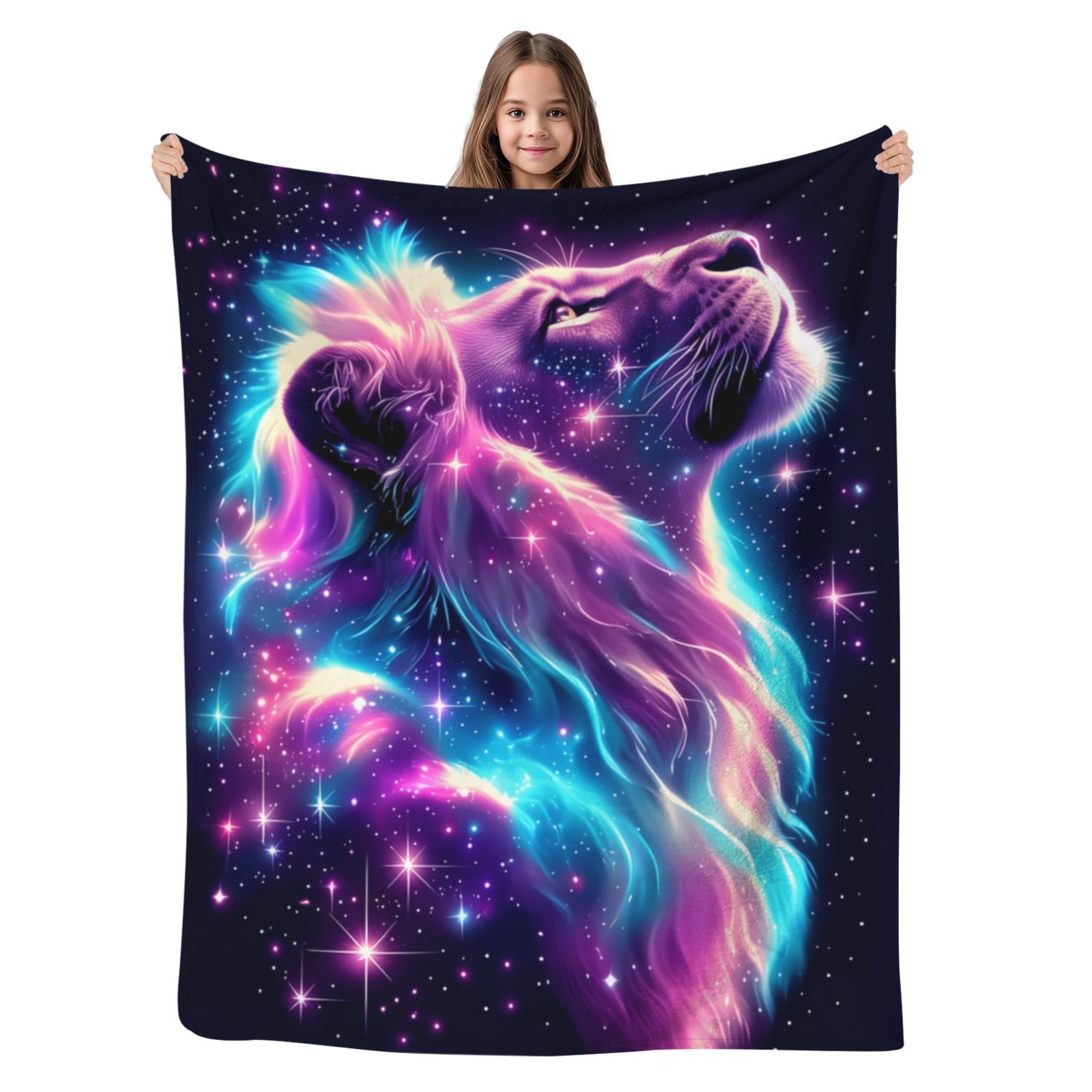 Lion Blanket for Kids Boys Girls, Cool Galaxy Lion Blanket, Lion Gifts for Kids, Cool Animal Space Sparkle Starry Stars Blanket, Plush Soft Fuzzy Kids Blanket, Blue Pink,50"x40"