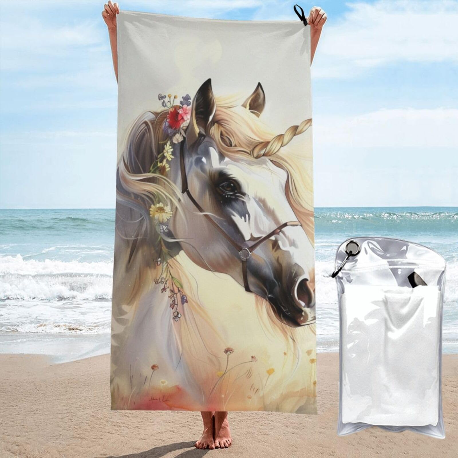 BWWHCCTI Cute Horses Printed Microfiber Quick Dry Beach Towel 70x140 CM, Fast Drying Bath Towels with Bags for Travel,Camping,Gym,Beach,Swimming,Yoga