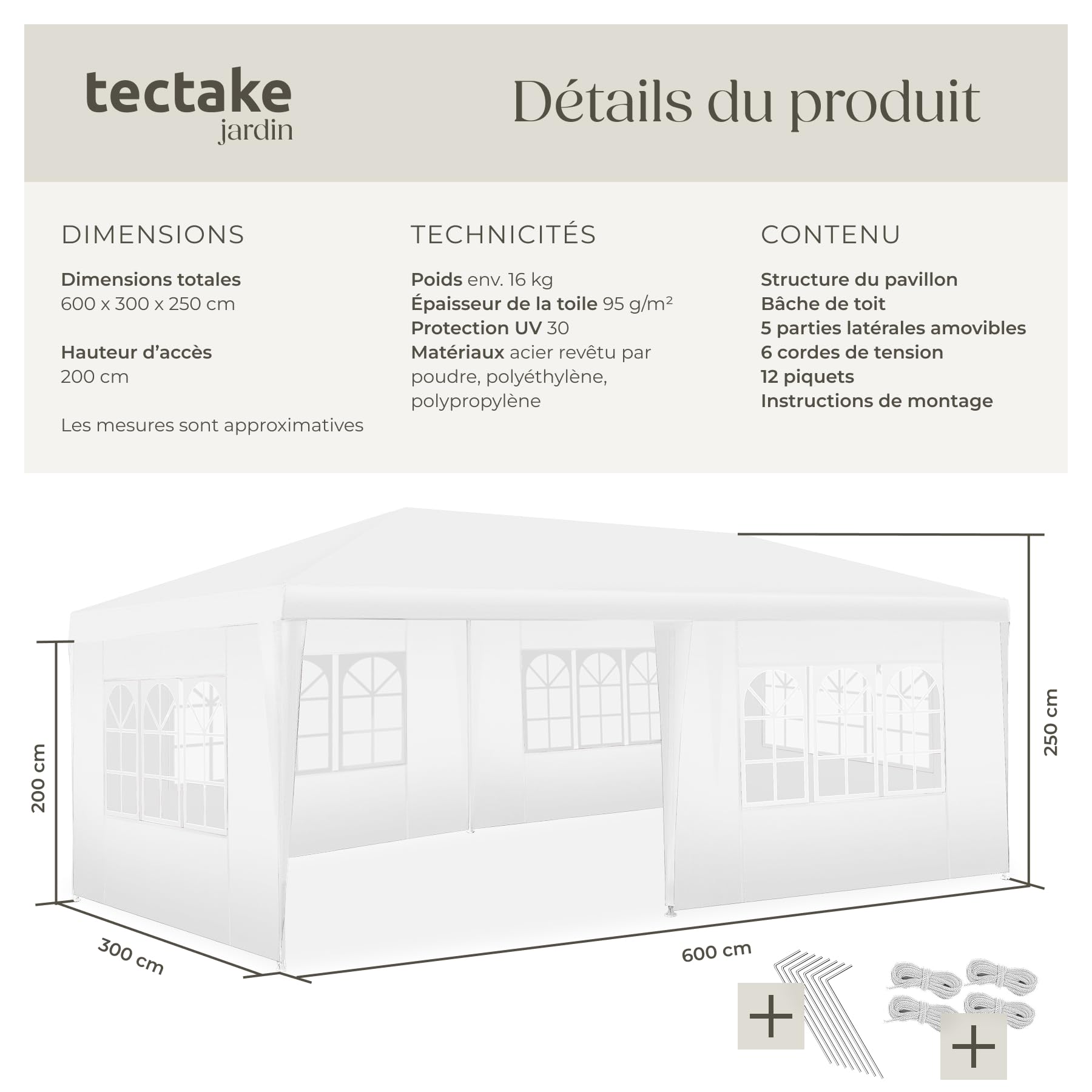 tectake® Tonnelle de Jardin Exterieur 6x3m Tente de Reception Protection UV 30+, Barnum Chapiteau Gazebo Pavillon de Jardin, résistant à l'eau avec Parois Amovibles, Cadre Robuste en Acier époxy