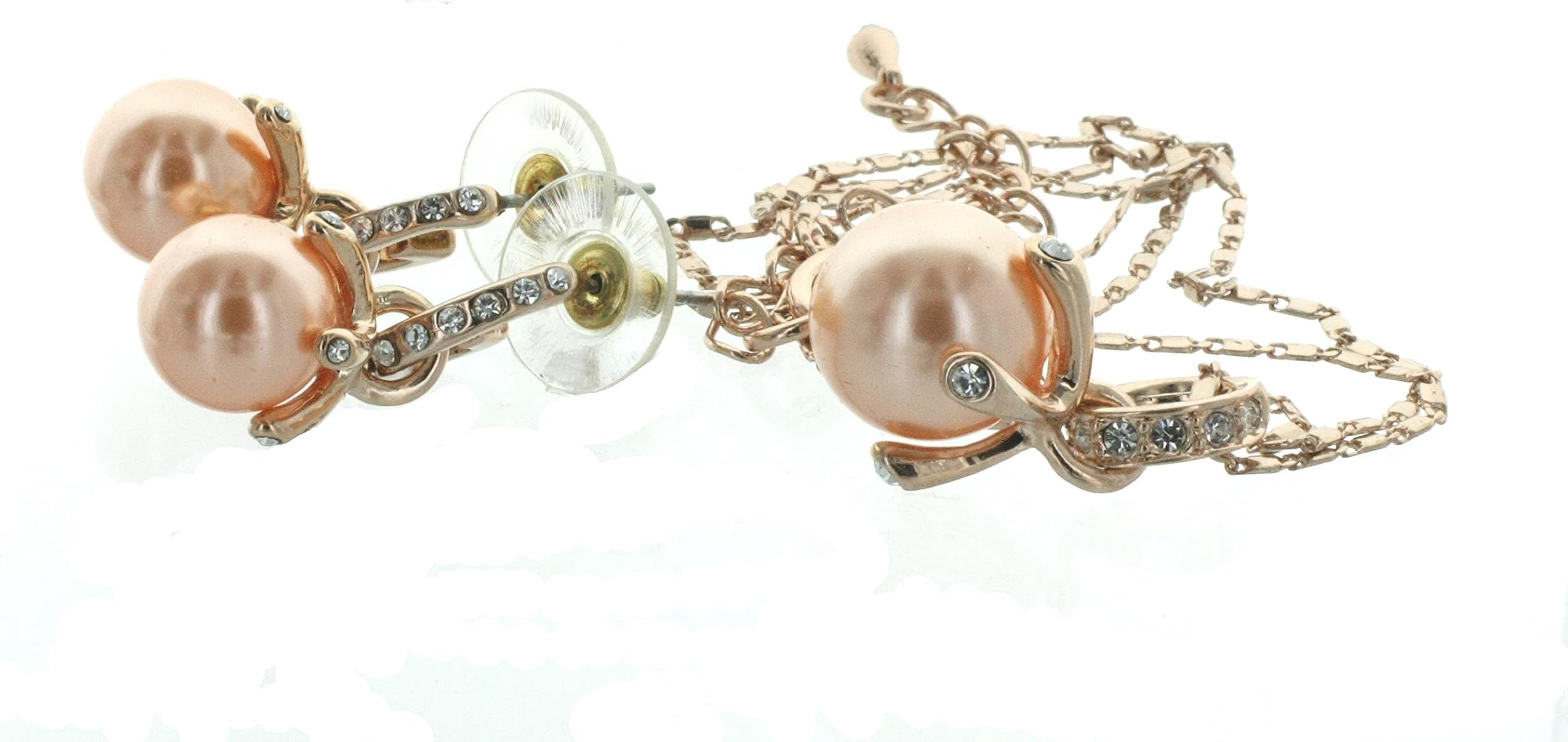 Fancy Set of Rose Gold Tone Peach Colored Simulated Pearl Pendant Necklace and Dangle Earrings