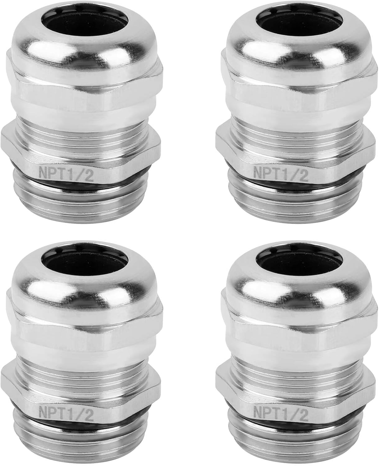 4 Pcs 1/2" NPT Nickel-Plated Copper Cable Gland | IP68 Waterproof, Metal Strain Relief Cord Connectors with Gasket, Adjustable for 6-12mm Cable Diameter