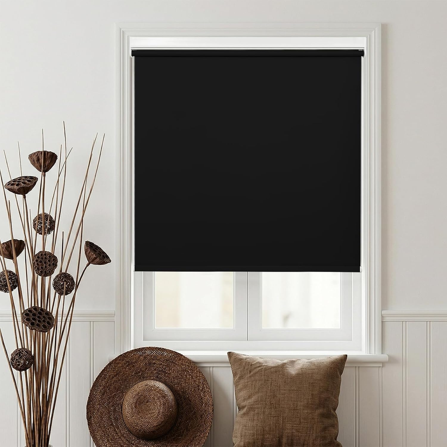 Blackout Cordless Roller Shades, 34''W x 72''H Waterproof Pull Down Window Blinds Thermal Insulated Fabric UV Protection Roller Blinds for Home Bedroom Office,Black