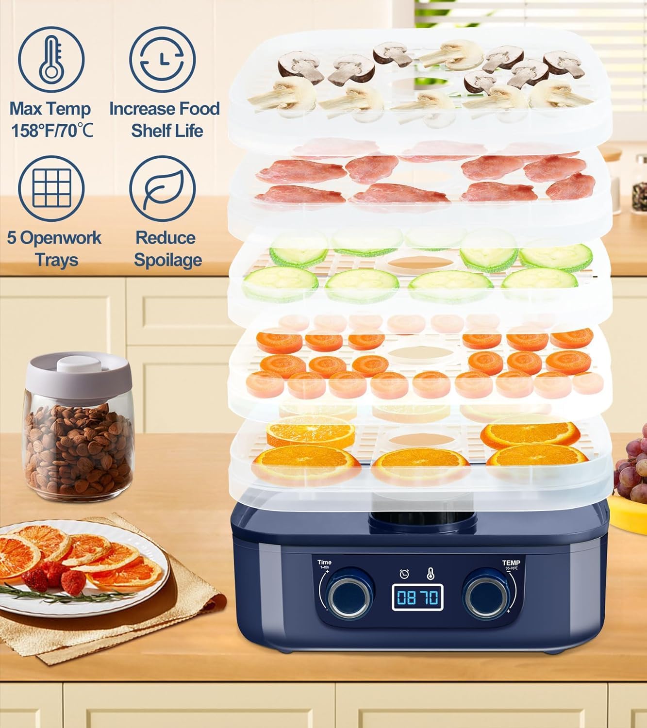 Essiccatore, disidratatore alimentare con 5 ripiani, con timer di temperatura 35 ~ 70 ℃, essiccatore alimentare, asciugatura a 360°, per alimenti carne, verdura frutta