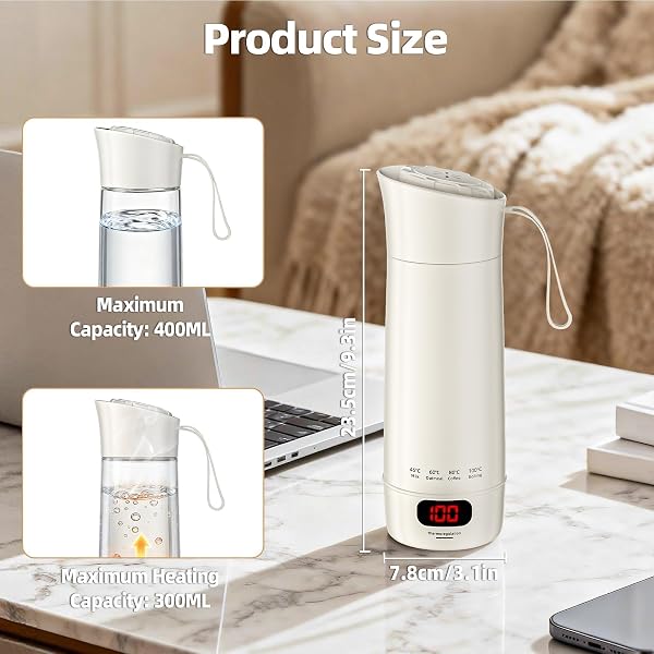 Mini Bouilloire électrique Portable 400 ML, 3 en 1 Bouilloire de Voyage avec 4 Niveaux de Réglage de la Température, Doublure en Acier Inoxydable 304, Protection Contre les Brûlures à Sec - 2