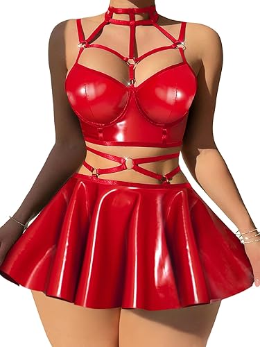 Foxiny Sexy Strappy Leather Underwire Mini Choker Lingerie Set Skirts Dress with Thong 3 Piece Outfits - Small - Pu Red