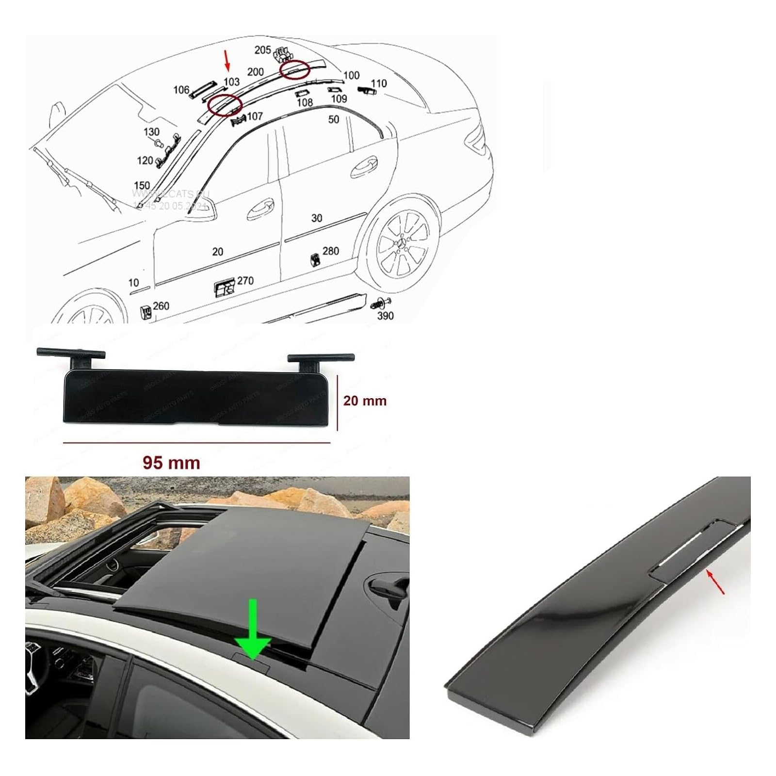Panoramic Roof Molding Port Bag Cover for Mercedes C Class W204 2008 Onwards 95 * 20 mm 20469071829040