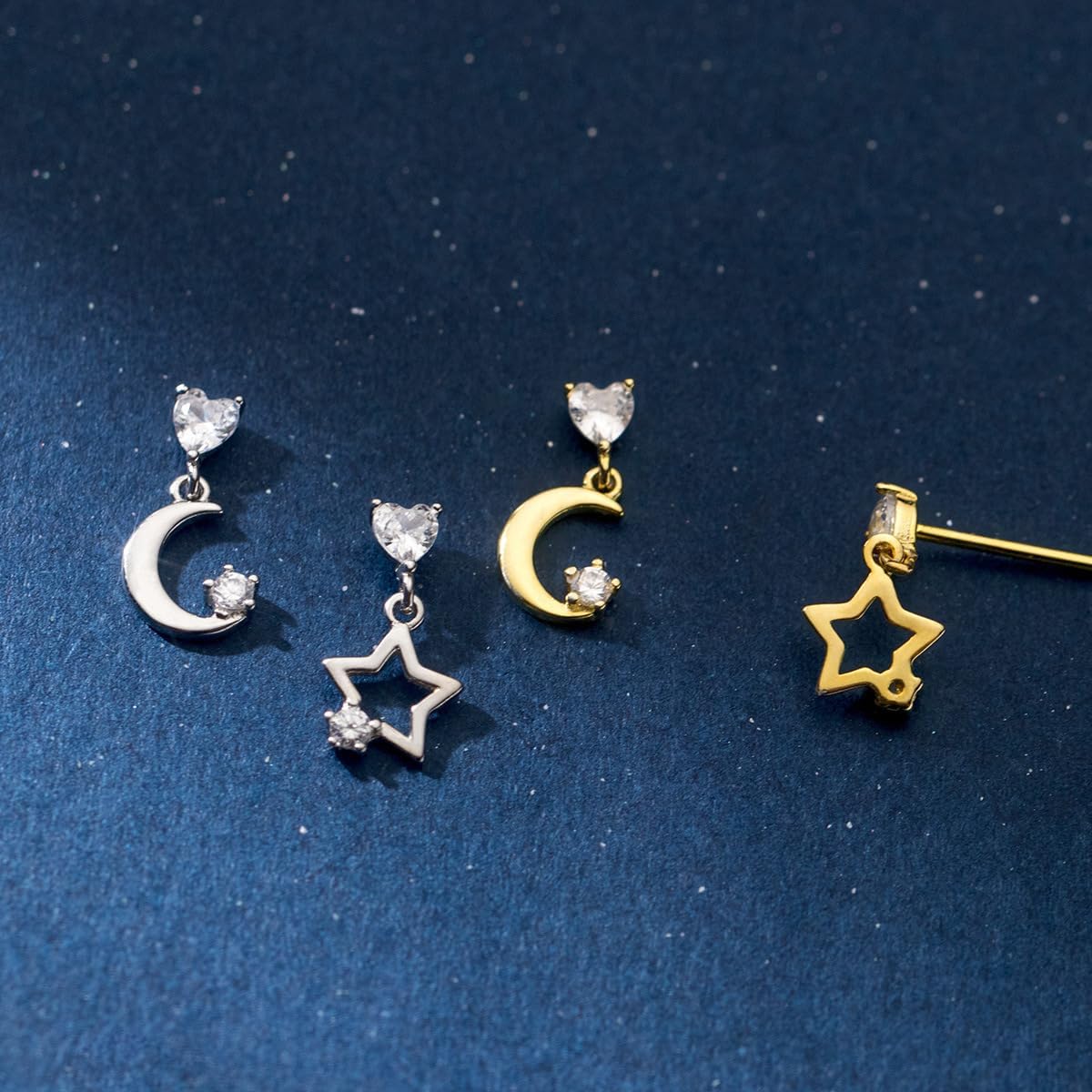 Star Moon Stud Earring for Women, 925 Sterling Silver Dainty Cubic Zirconia Heart Crescent Earrings to Daughter Mother 14K Gold Plated Teacher Hypoallergenic Drop Earring Birthday Wedding Jewelry Gift - Image 4