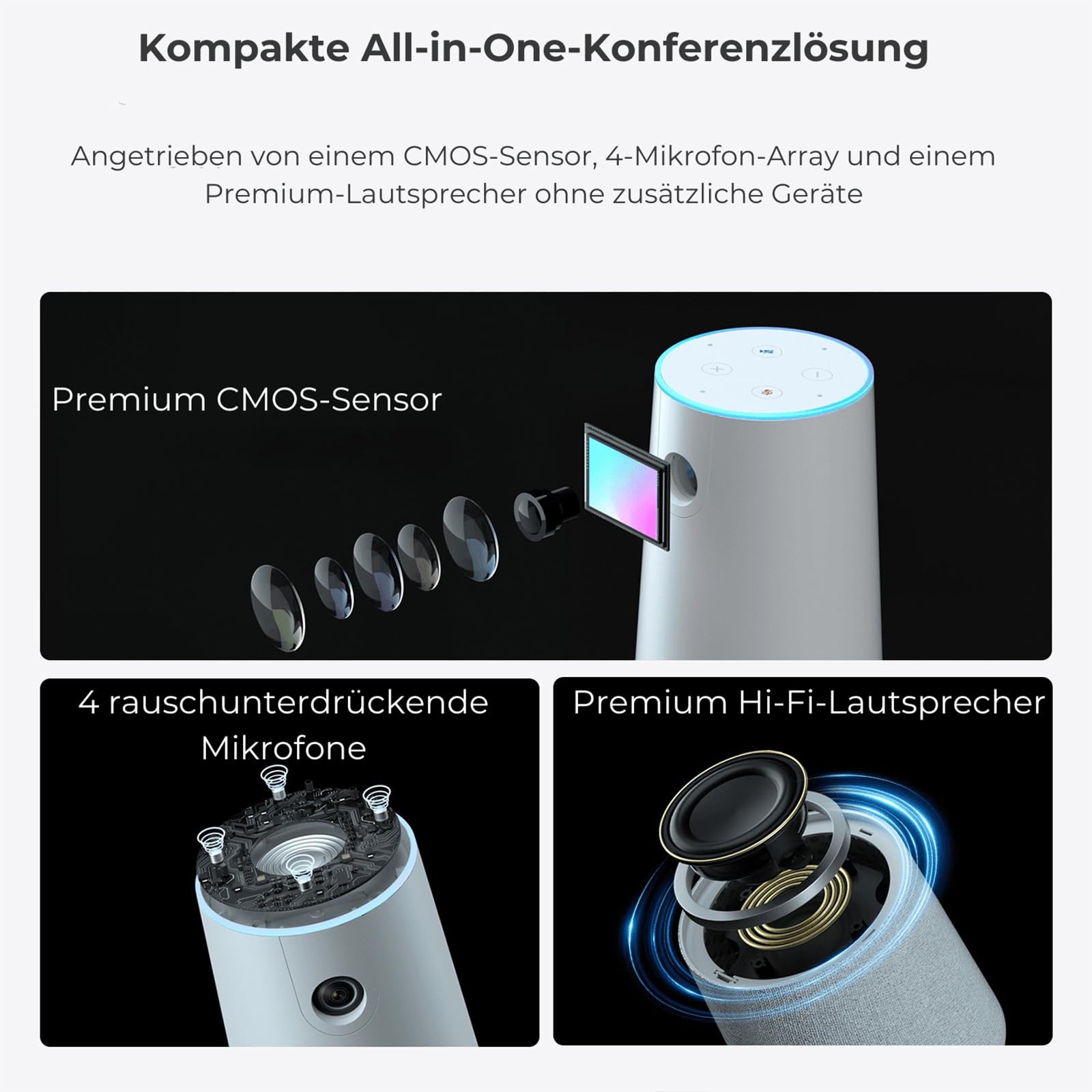 Nuroum C20 1080P Webcam für Videokonferenz, Rauschunterdrückung/100° Weitwinkel/4m Tonaufnahme, Kamera mit Mikrofon und Lautsprecher für Konferenzräume, USB Plug&Play für PC/Laptop