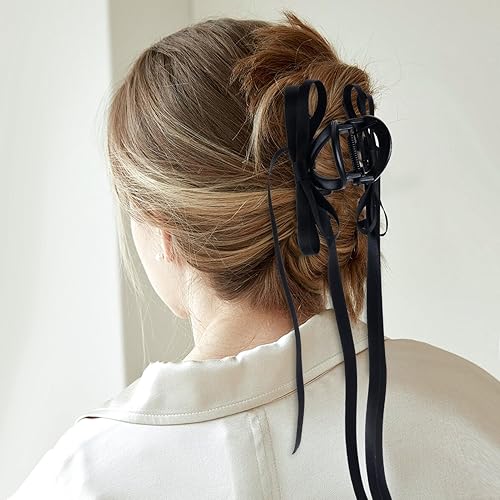 Miniatura 3 de Zkptops 4 pinzas para el cabello con lazo para mujeres y niñas, con borlas de satén, bonitas, grandes, naturales, antideslizantes, color negro y