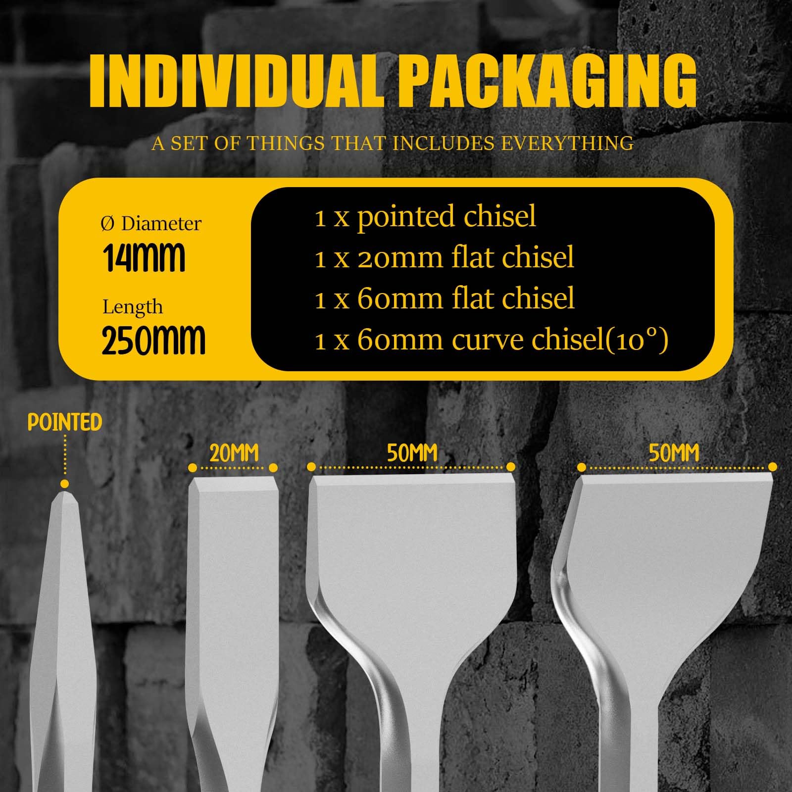 Set Di 4 Scalpelli SDS Plus 250 Mm - Per Demolizione, Piastrelle, Cemento, Include Piatto, A Punta E Smussato - 3