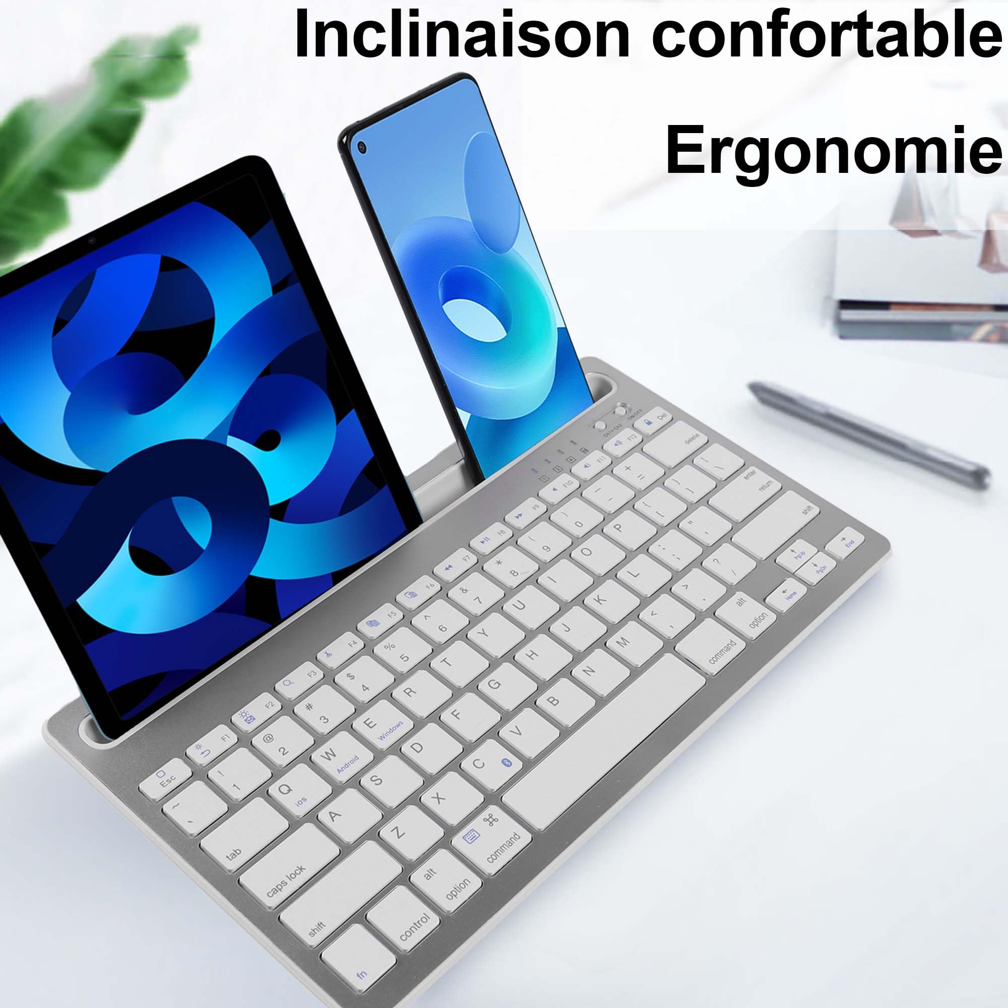 Clavier Filaire Bluetooth, Clavier QWERTY Silencieux Rechargeable Ultra-Mince, 78 Touches,Prend en Charge la Commutation Entre 2 Appareils, aAec Support Intégré,pour iPad,Tablettes,Smartphones(argent)