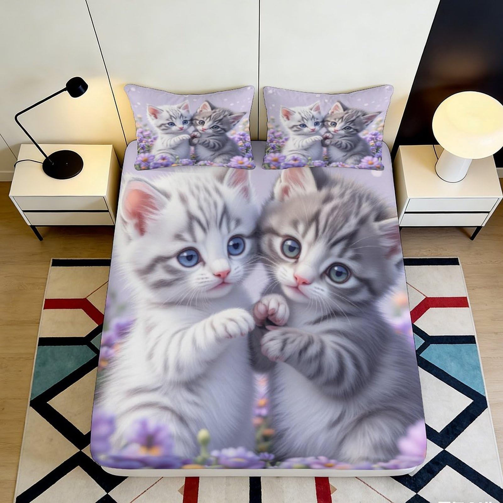 3D Printed Cute Kitten Fitted Sheet Microfiber Soft Breathable Cat Pattern Bed Cover for Bedroom Dorm Guest Room Decor 90x200x25cm